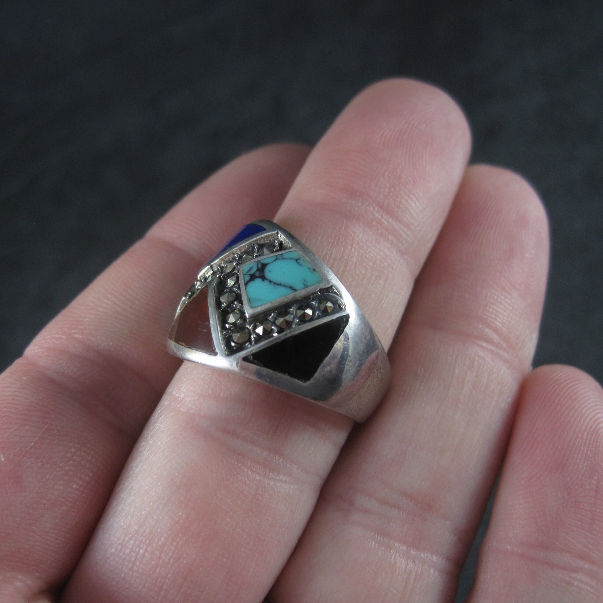 Wide Vintage Marcasite Inlay Band Ring Sterling Size 8