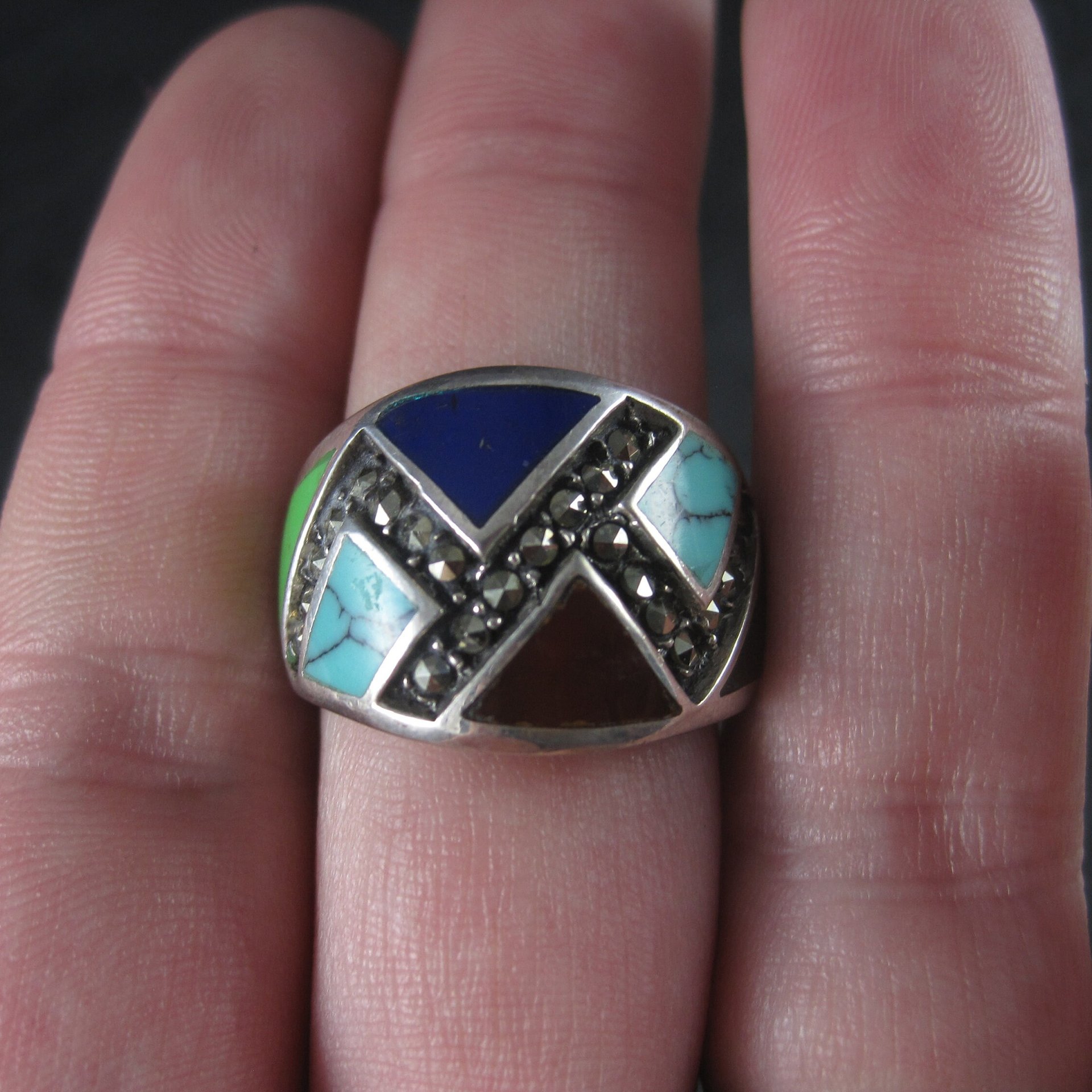 Wide Vintage Marcasite Inlay Band Ring Sterling Size 8