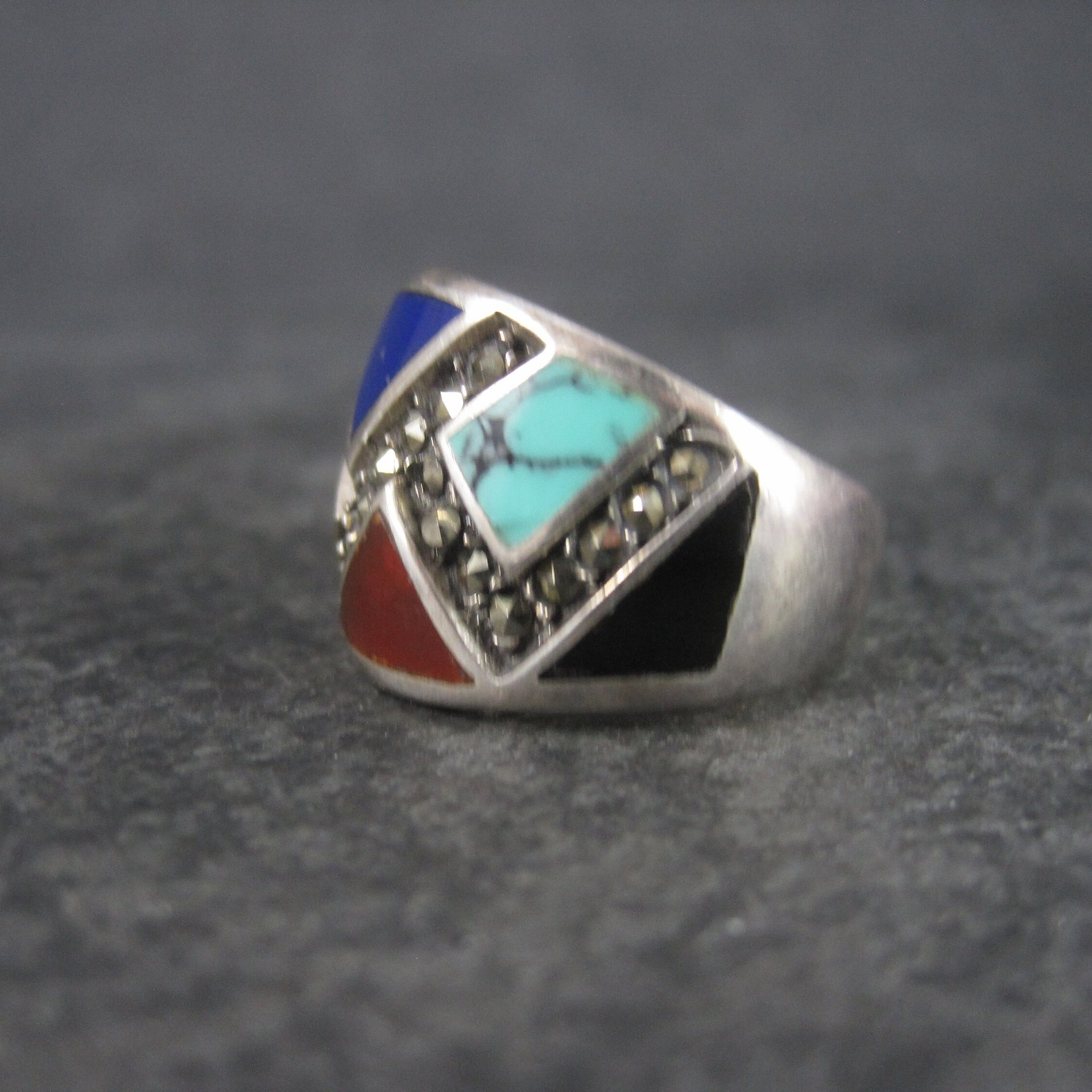 Wide Vintage Marcasite Inlay Band Ring Sterling Size 8