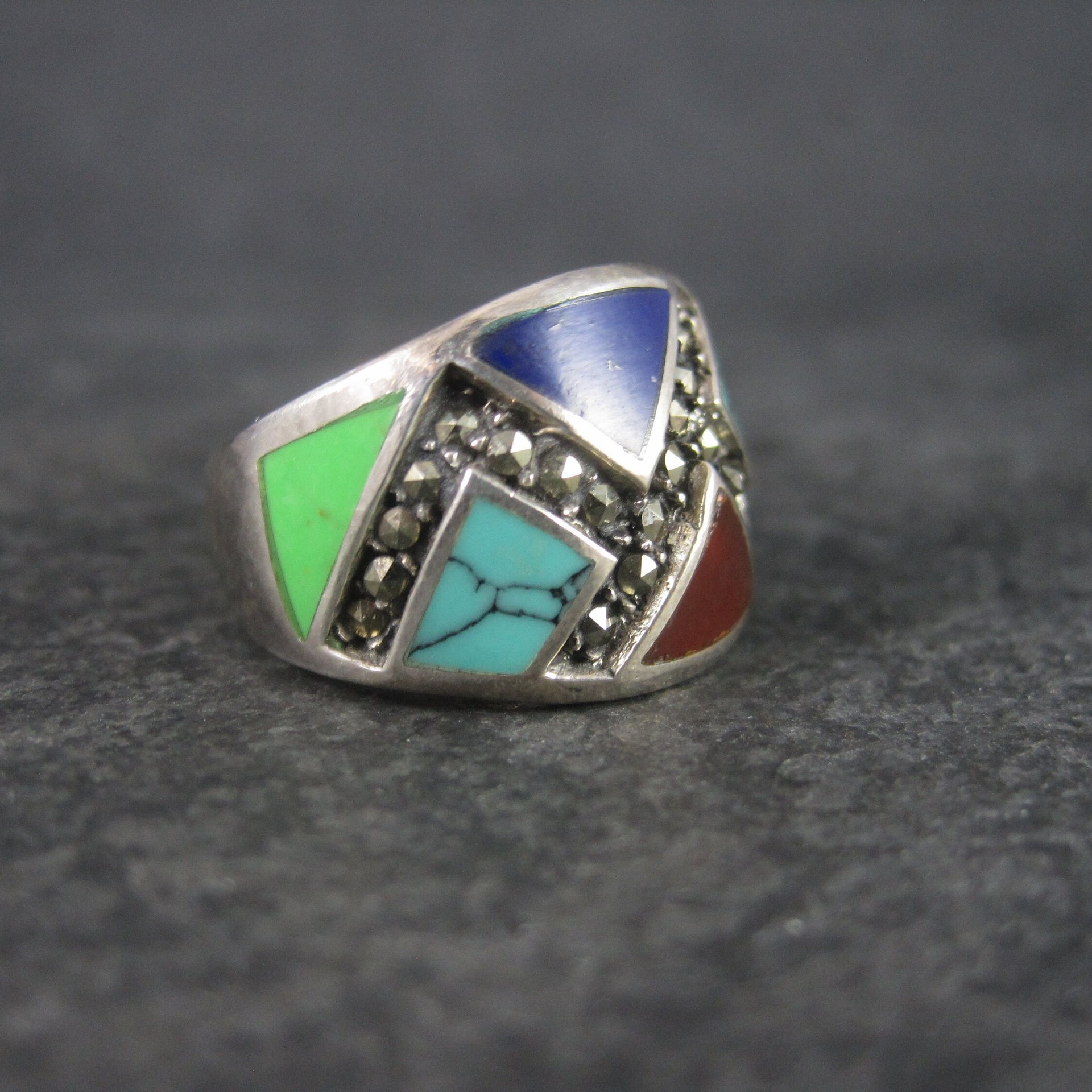 Wide Vintage Marcasite Inlay Band Ring Sterling Size 8