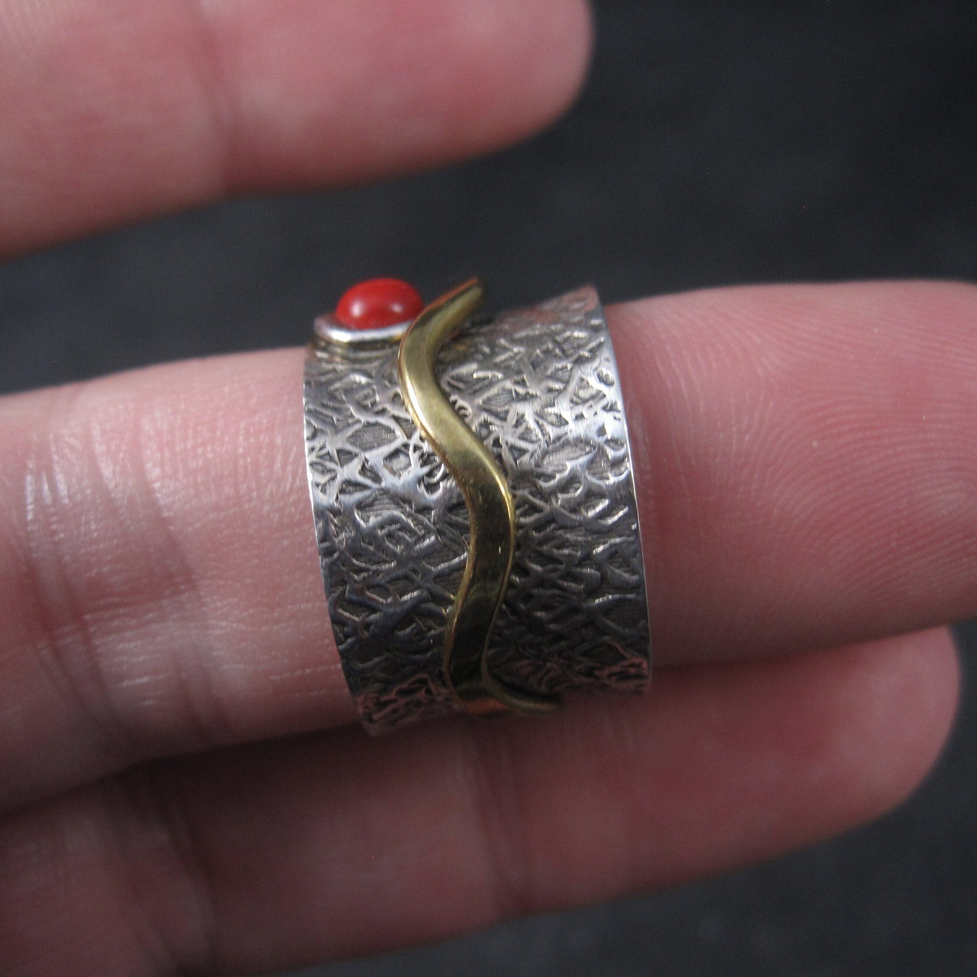 Vintage 90s Sterling Red Glass Fidget Spinner Worry Ring Size 6