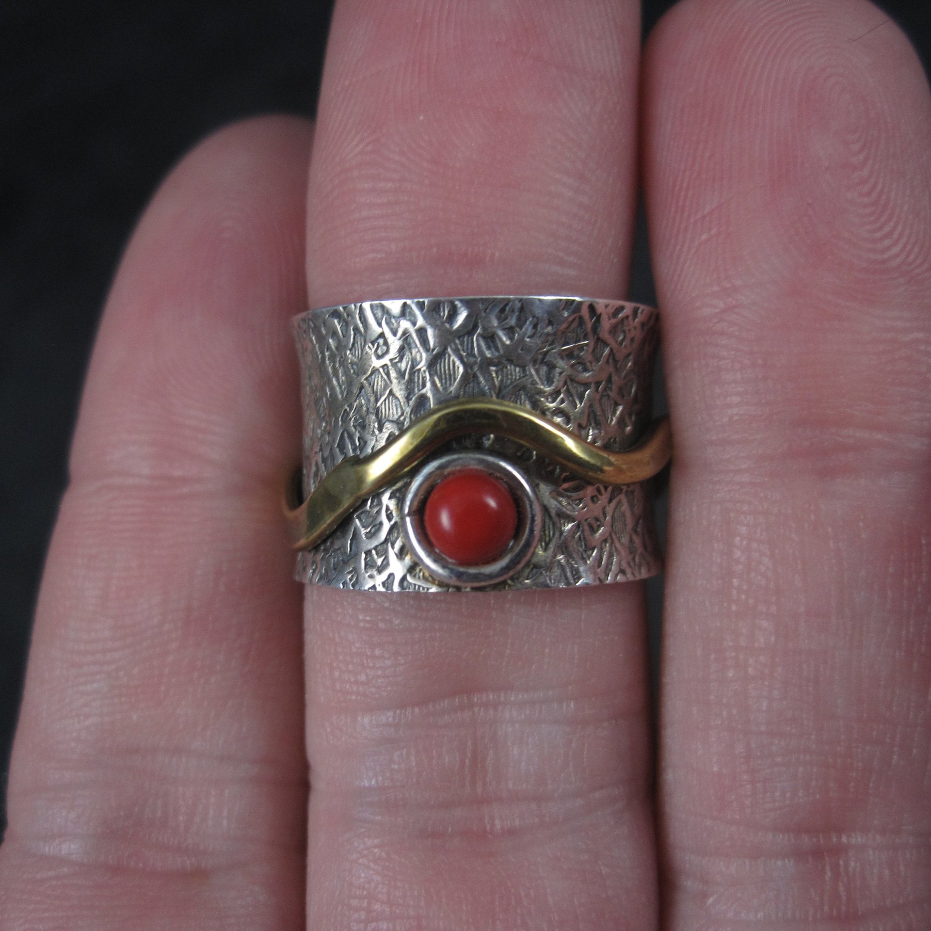 Vintage 90s Sterling Red Glass Fidget Spinner Worry Ring Size 6