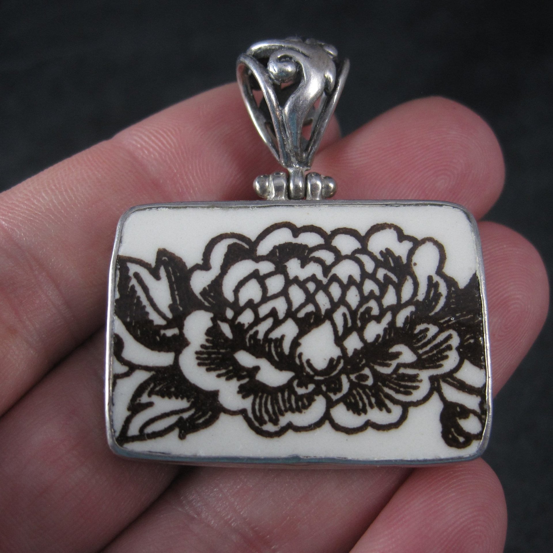 Vintage Sterling Floral Pottery Pendant Necklace