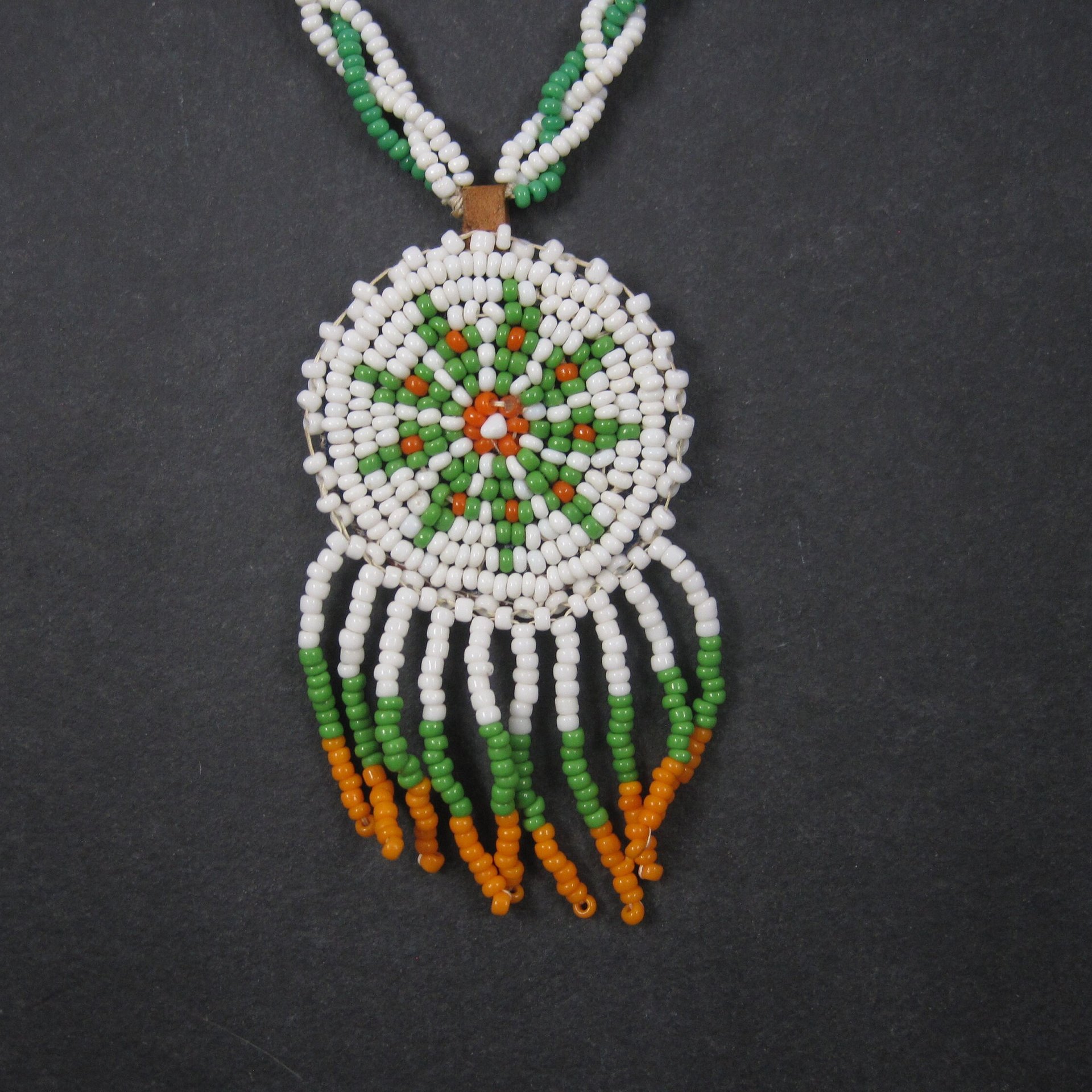Vintage Sioux Orange Green White Beaded Necklace 26 Inches