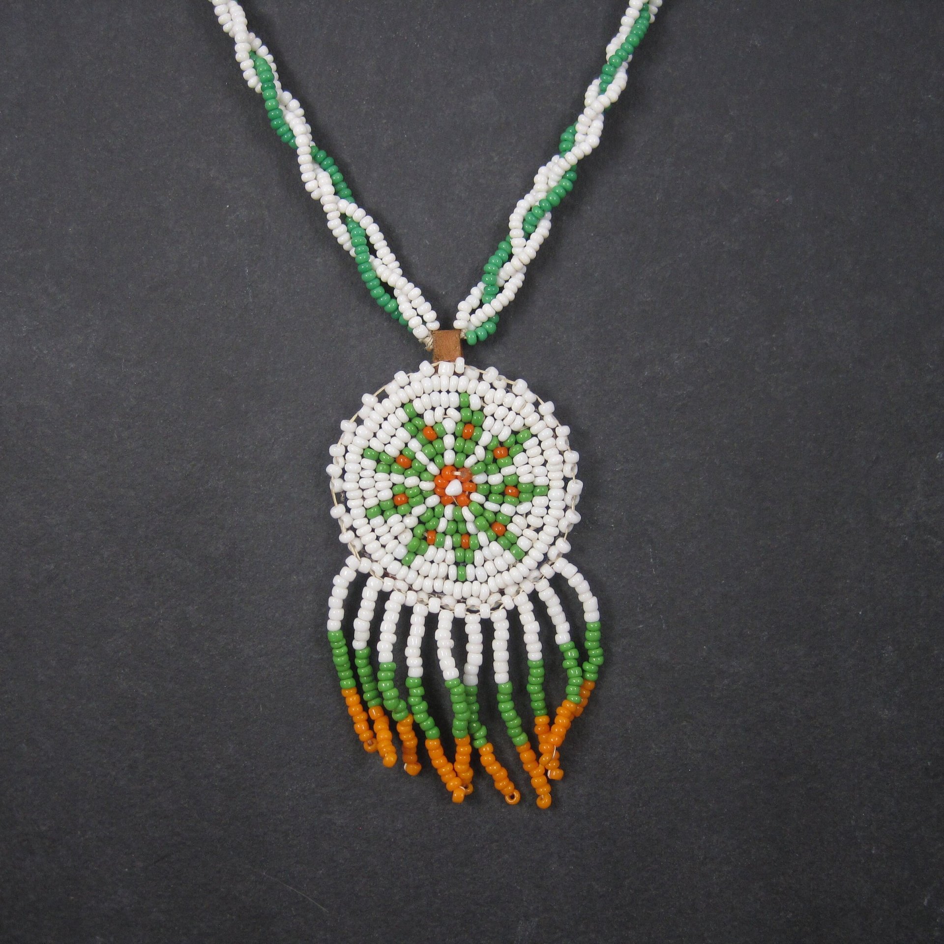 Vintage Sioux Orange Green White Beaded Necklace 26 Inches