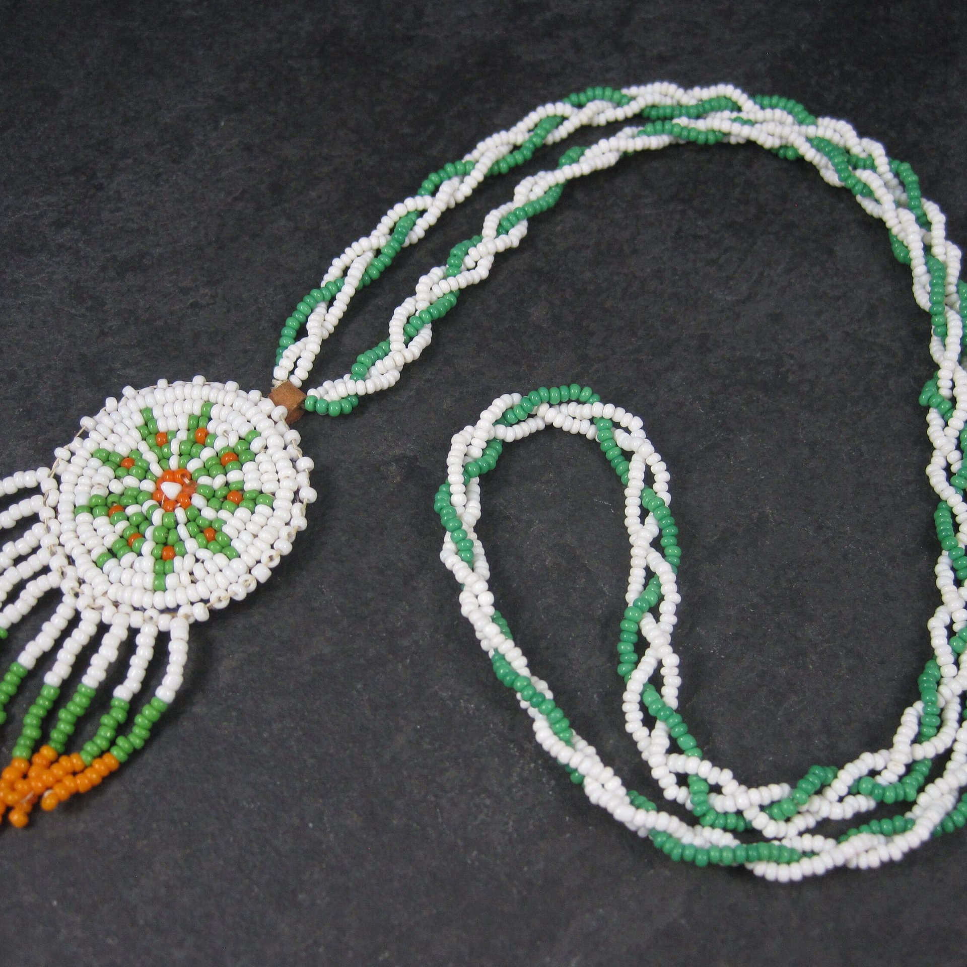 Vintage Sioux Orange Green White Beaded Necklace 26 Inches