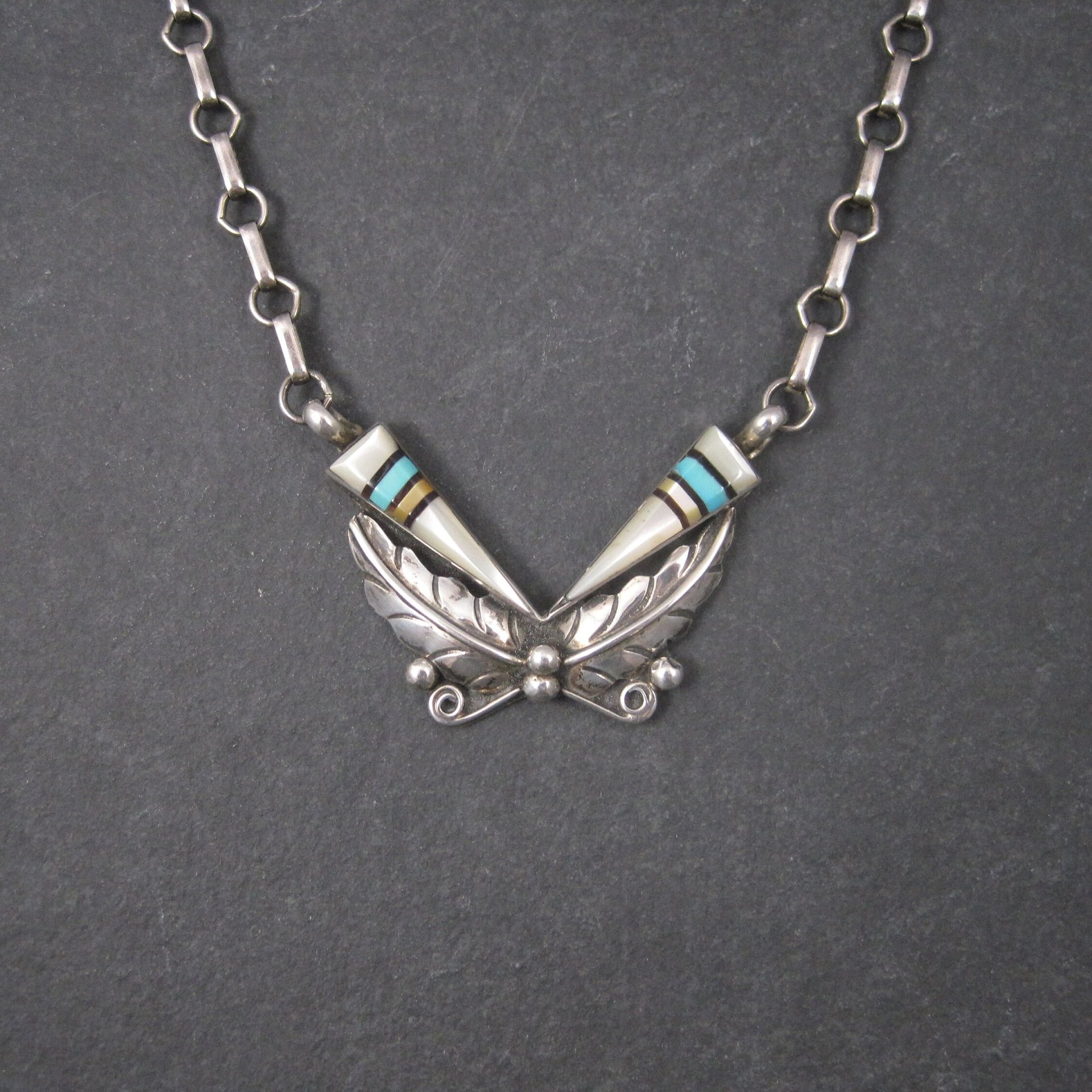 Vintage Southwestern Sterling Turquoise Inlay Feather Necklace