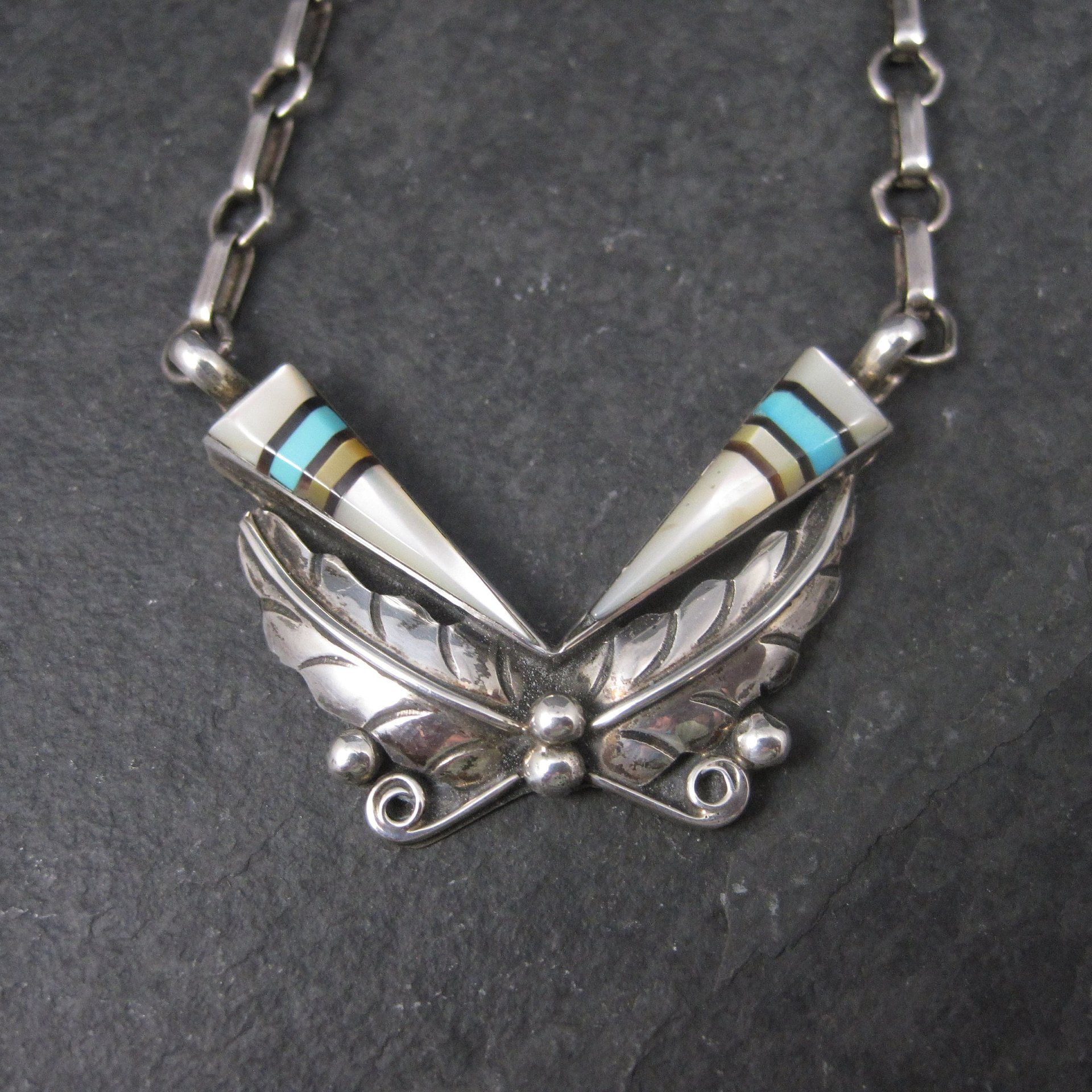 Vintage Southwestern Sterling Turquoise Inlay Feather Necklace