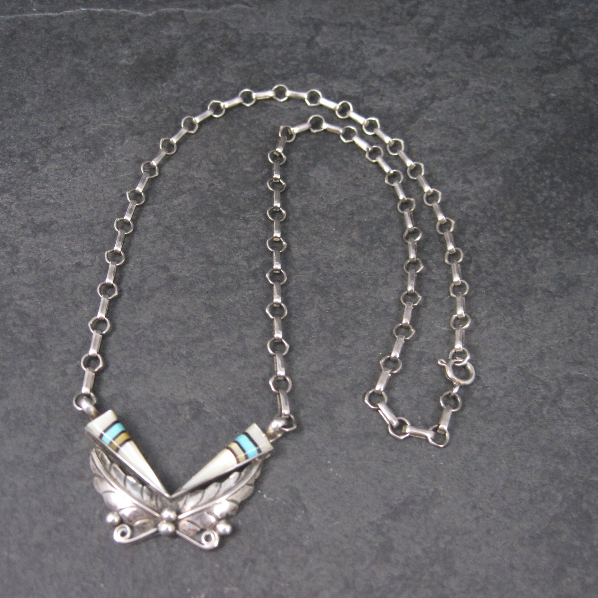 Vintage Southwestern Sterling Turquoise Inlay Feather Necklace