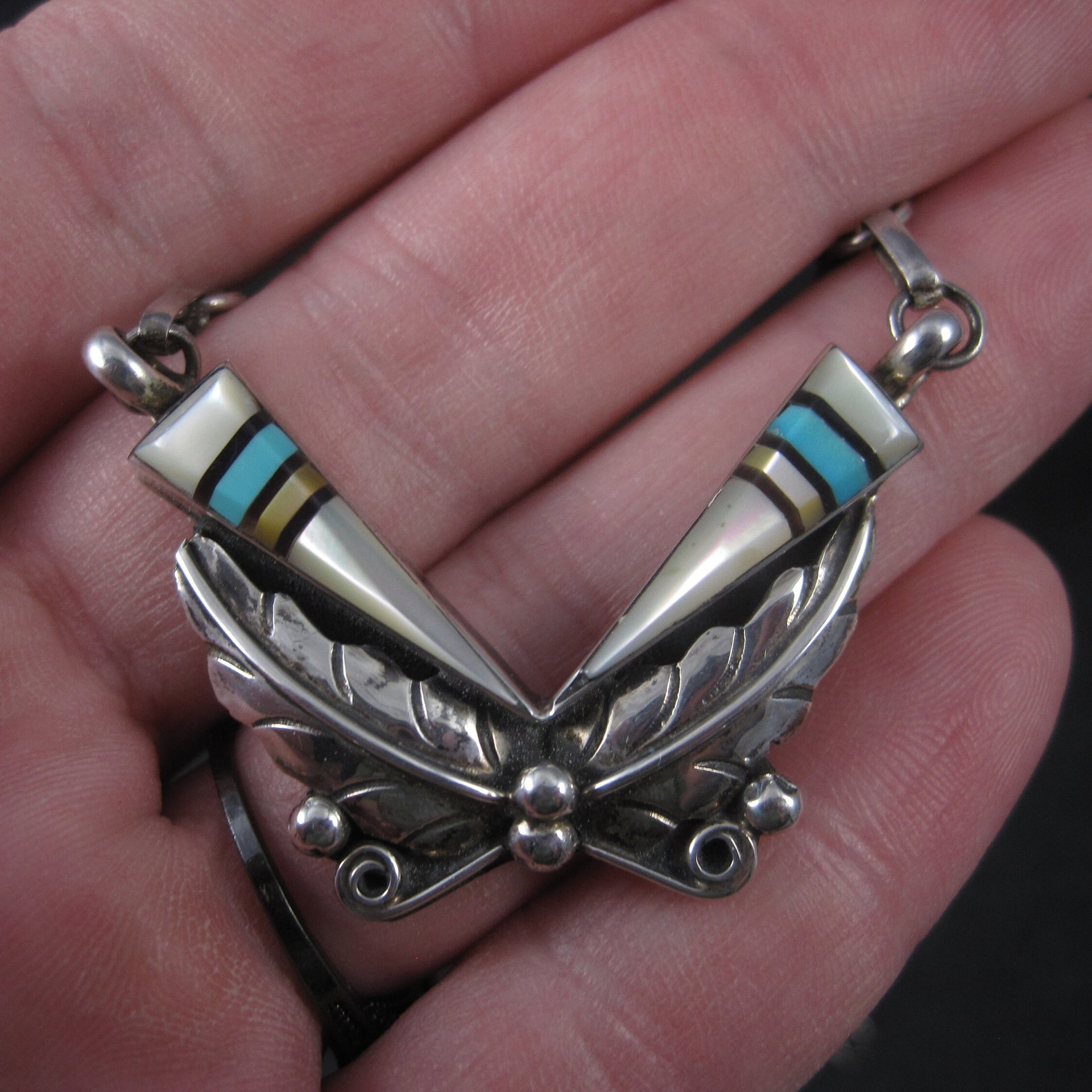 Vintage Southwestern Sterling Turquoise Inlay Feather Necklace