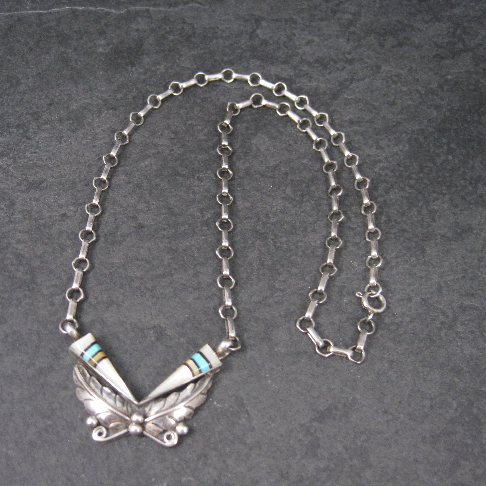 Vintage Southwestern Sterling Turquoise Inlay Feather Necklace