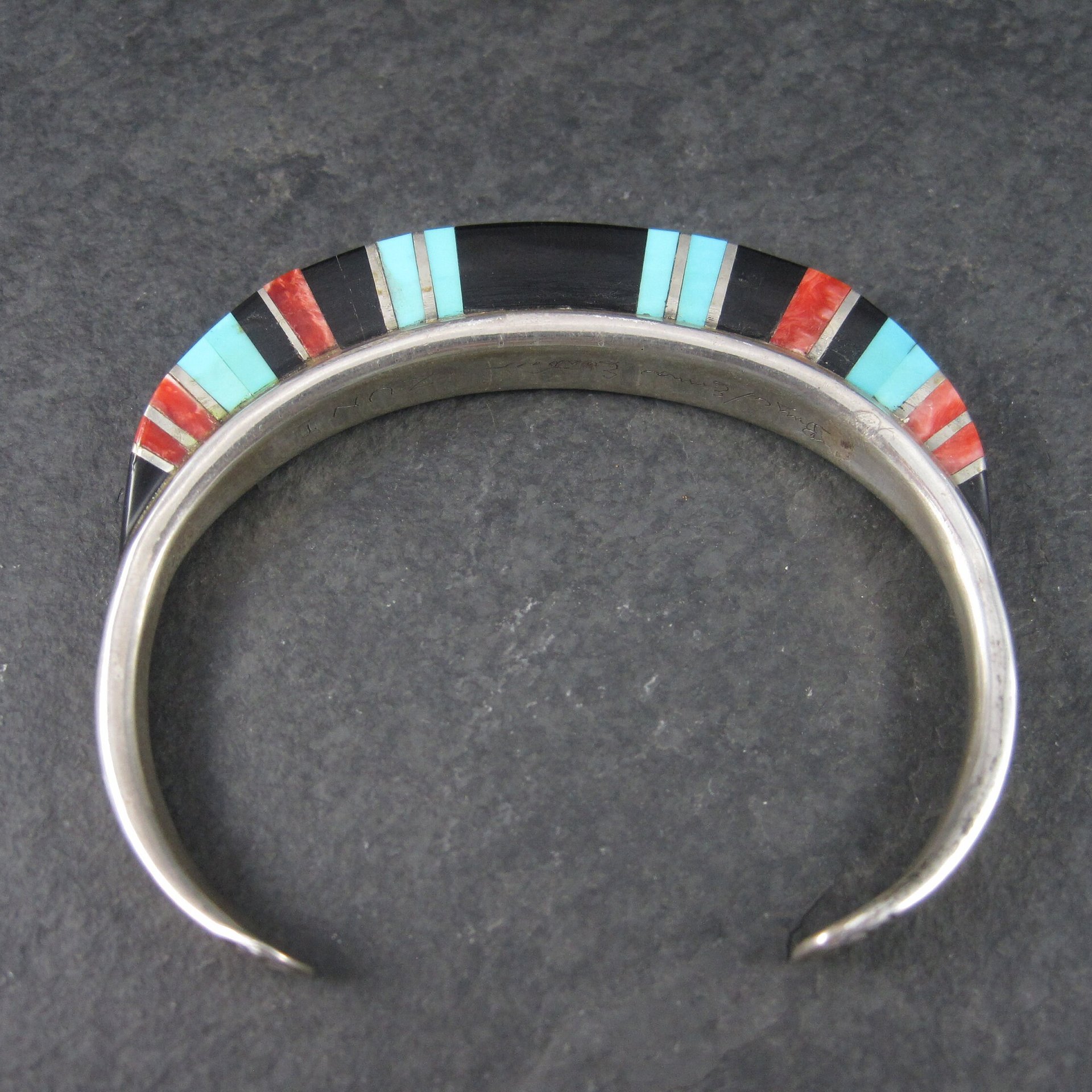 Estate Sterling Zuni Raised Inlay Turquoise Coral Onyx Cuff Bracelet 6 Inches