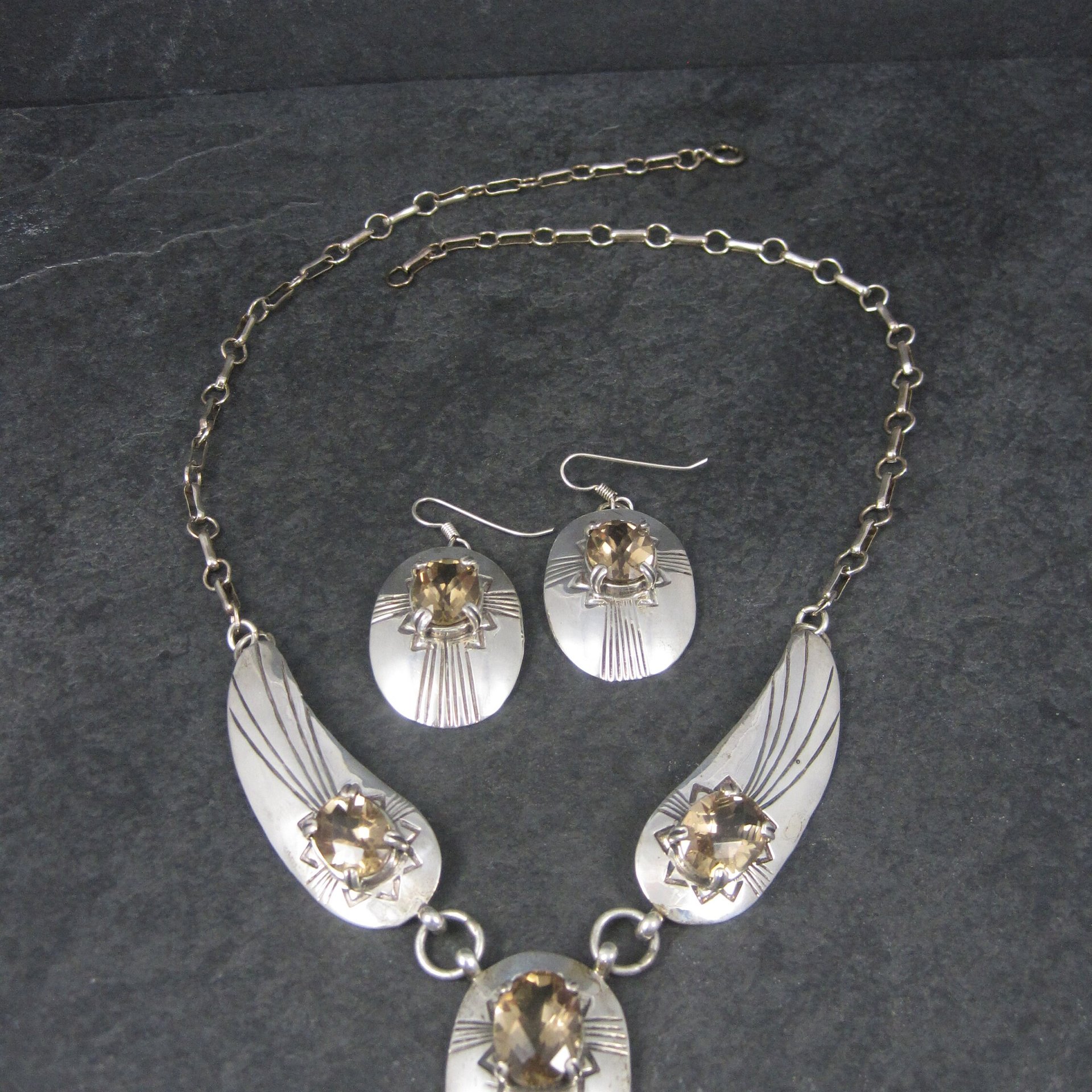 Vintage Southwestern Sterling Citrine Necklace Earrings Jewelry Set