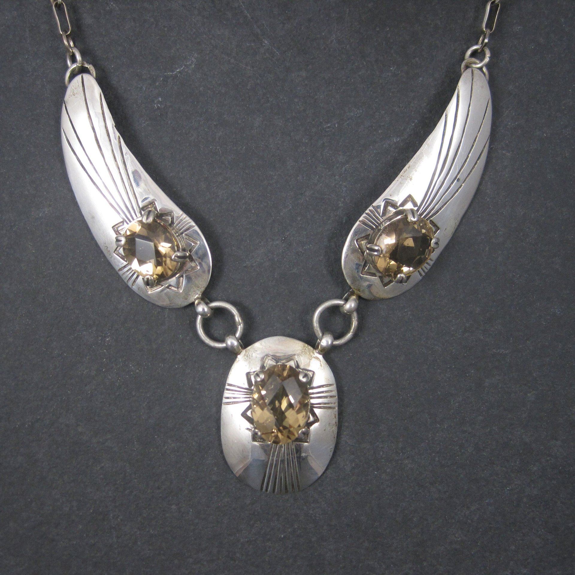 Vintage Southwestern Sterling Citrine Necklace Earrings Jewelry Set