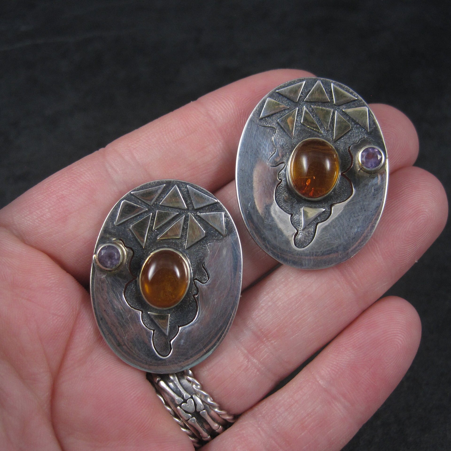 Large Vintage Sterling Amber Amethyst Earrings Michou