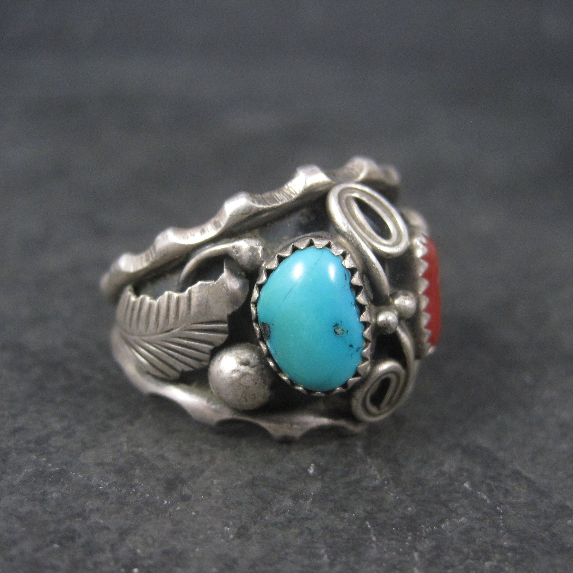 Mens Vintage Navajo Turquoise and Coral Ring Size 13