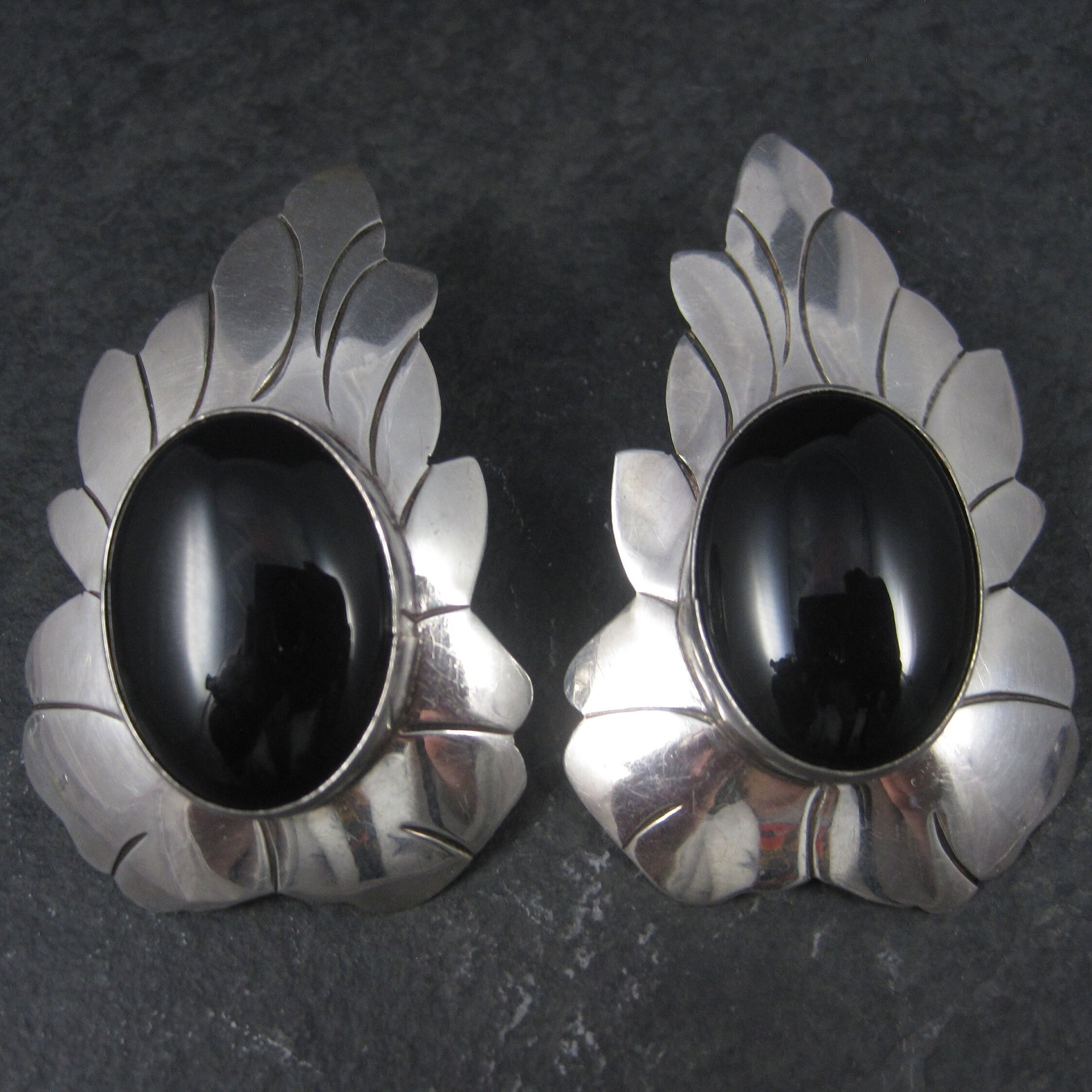 Signed Huge Vintage Southwestern Sterling Onyx Earrings