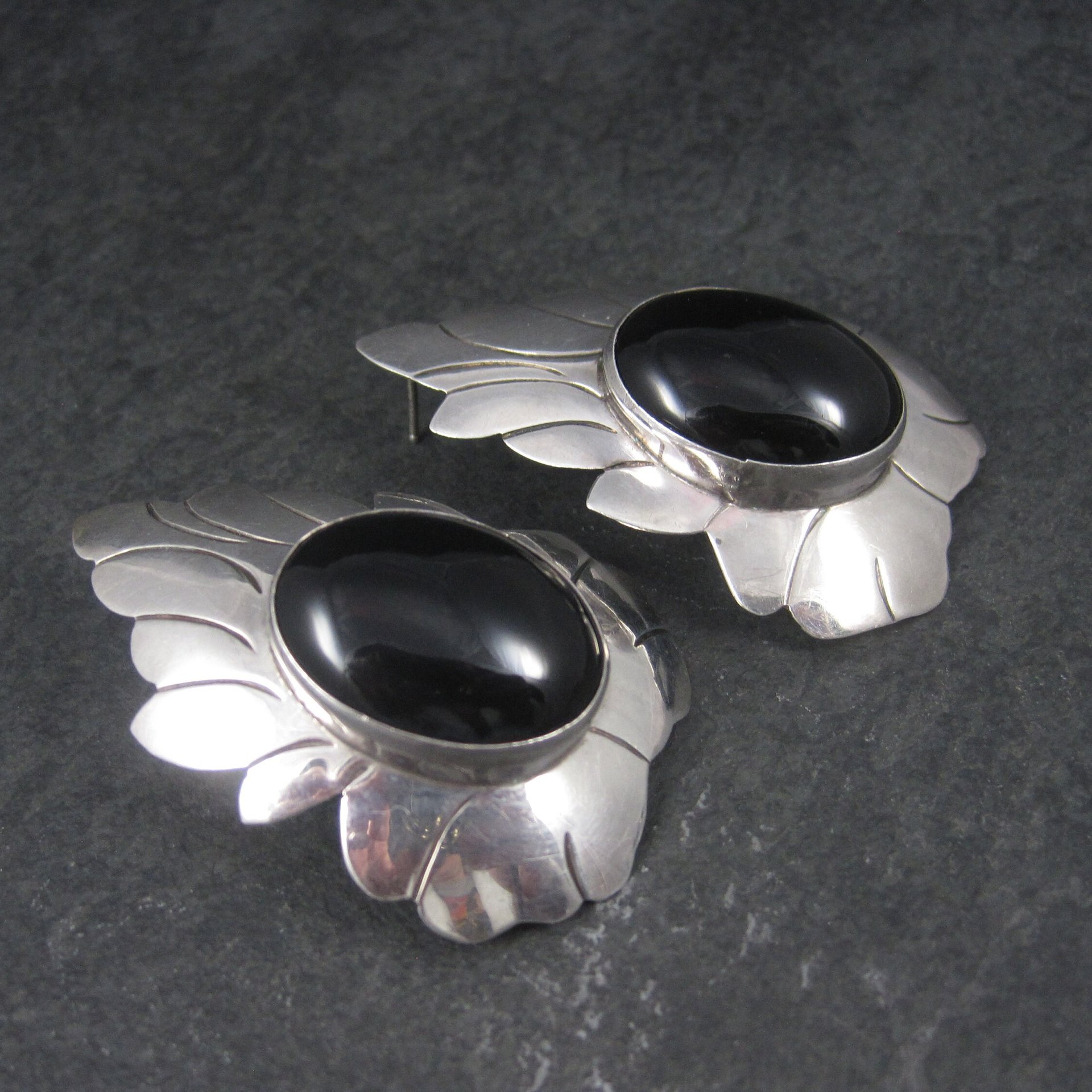 Signed Huge Vintage Southwestern Sterling Onyx Earrings