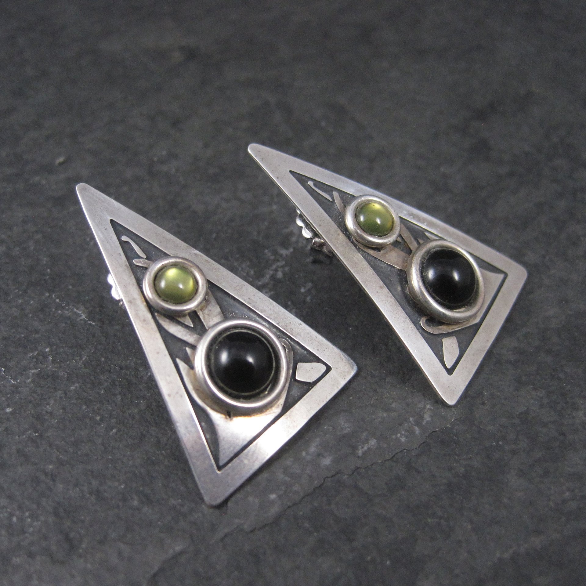 Modern Sterling Onyx Peridot Triangle Earrings