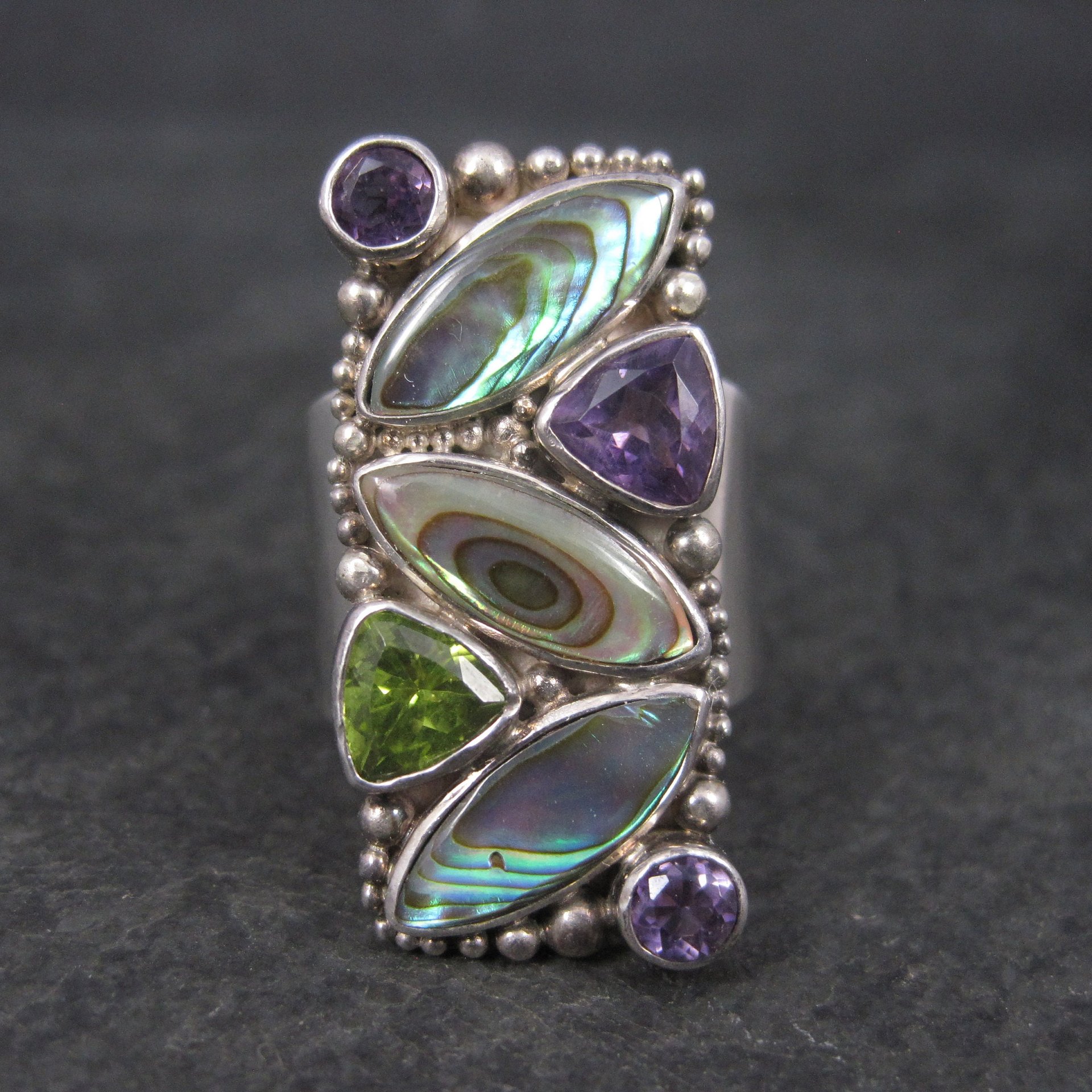 Vintage Sajen Sterling Abalone Amethyst Peridot Ring Size 7