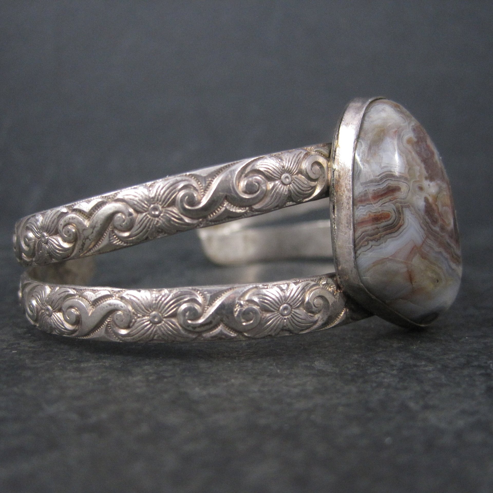 Vintage Sterling Floral Agate Cuff Bracelet 7 Inches