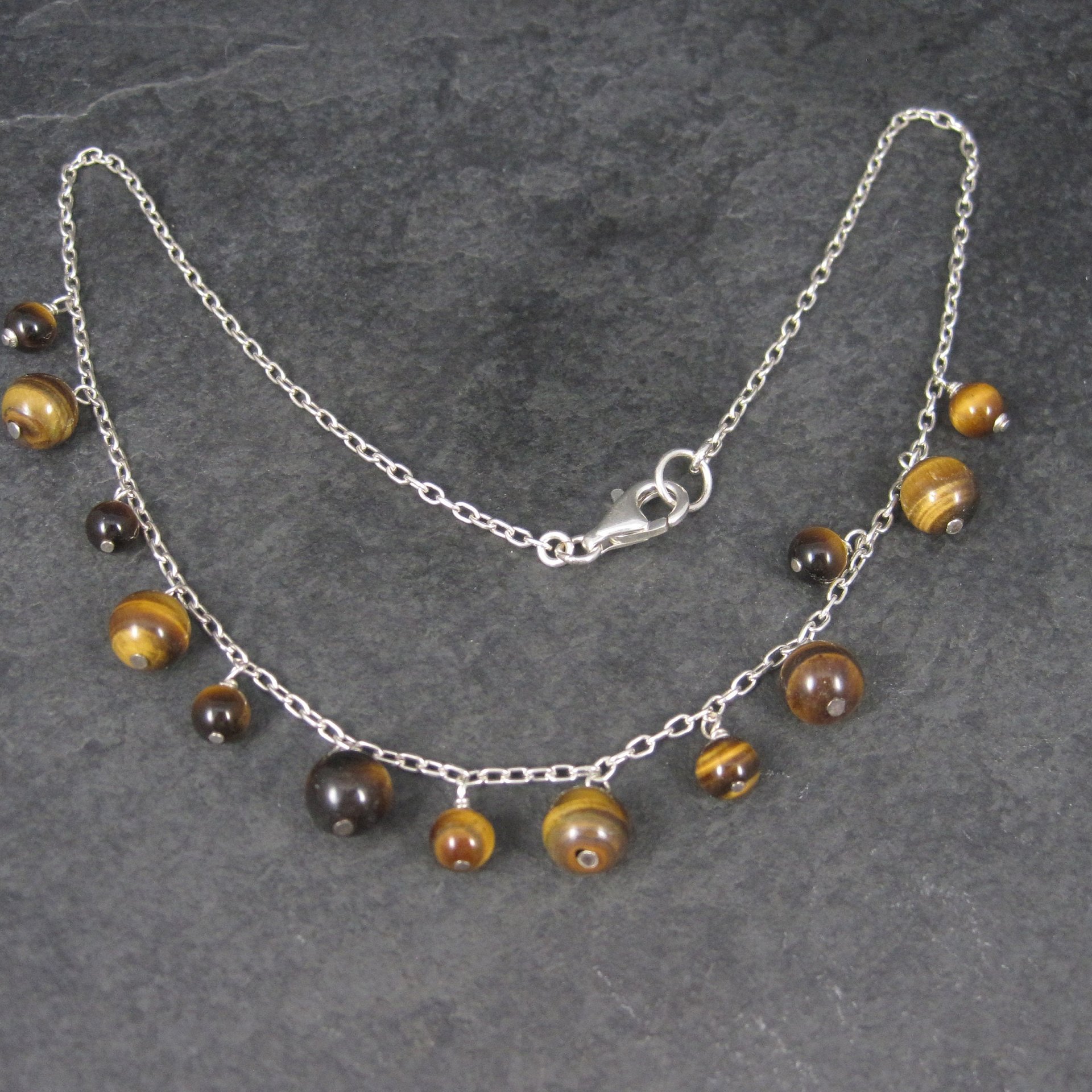 Vintage 90s Sterling Tiger Eye Dangle Necklace 16 Inches