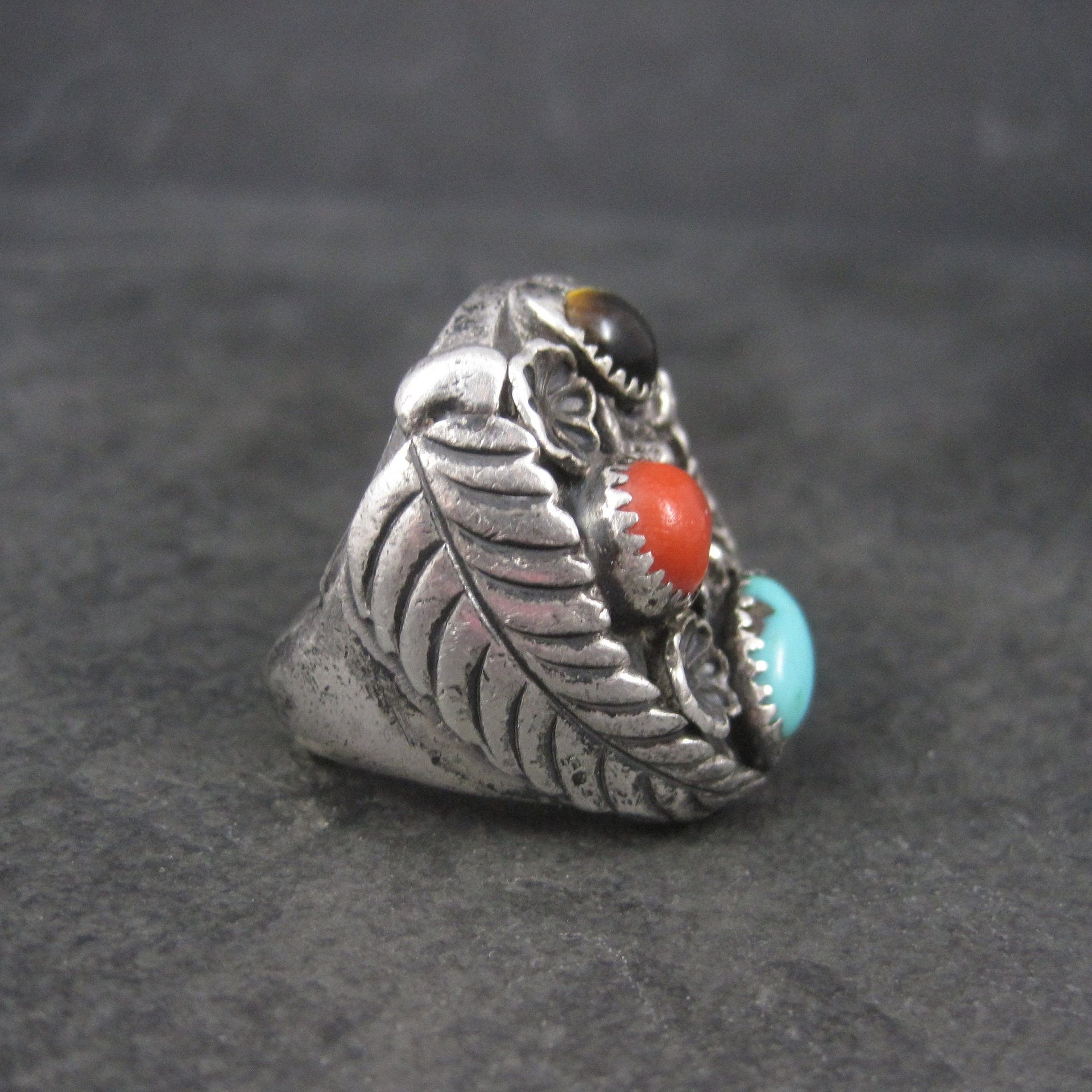 Heavy Vintage Navajo Coral Turquoise Tigers Eye Ring Size 9 Frances Jones