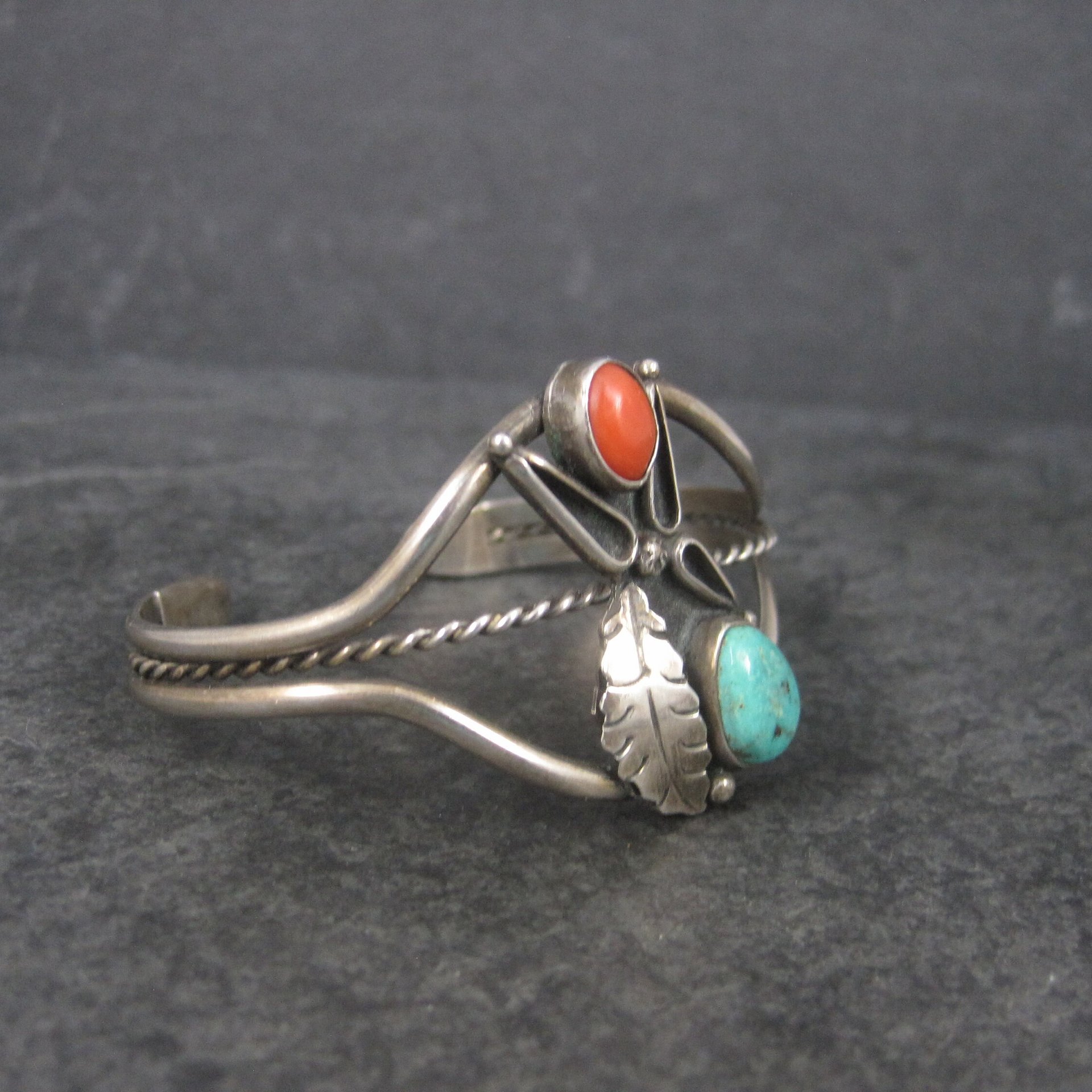 Vintage Southwestern 60s Sterling Coral Turquoise Cuff Bracelet 5.75 Inches