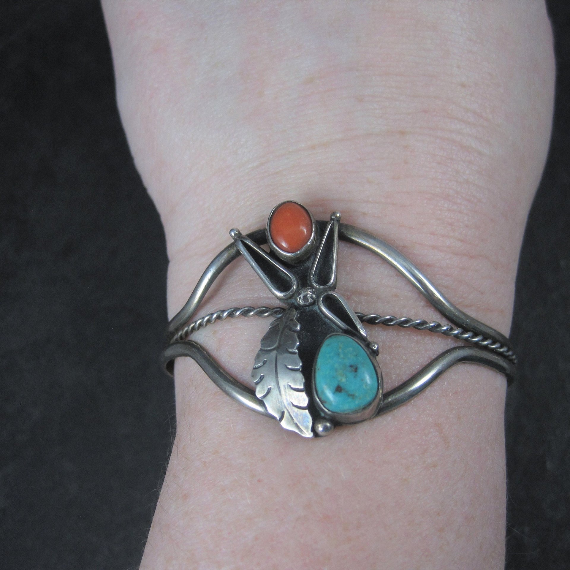 Vintage Southwestern 60s Sterling Coral Turquoise Cuff Bracelet 5.75 Inches