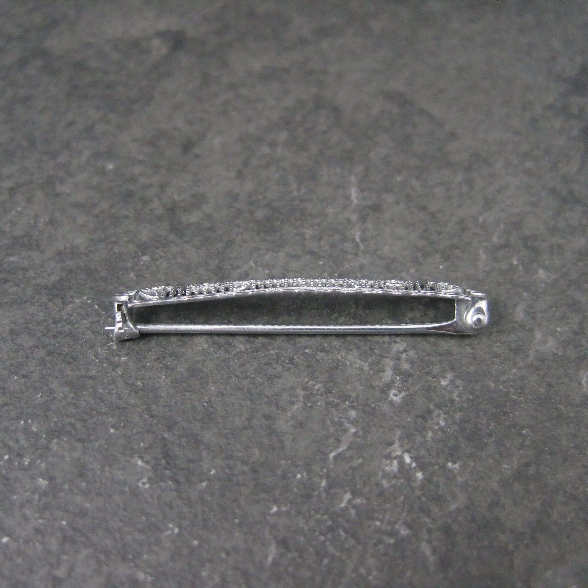 Small Antique 10K White Gold Filigree Bar Pin