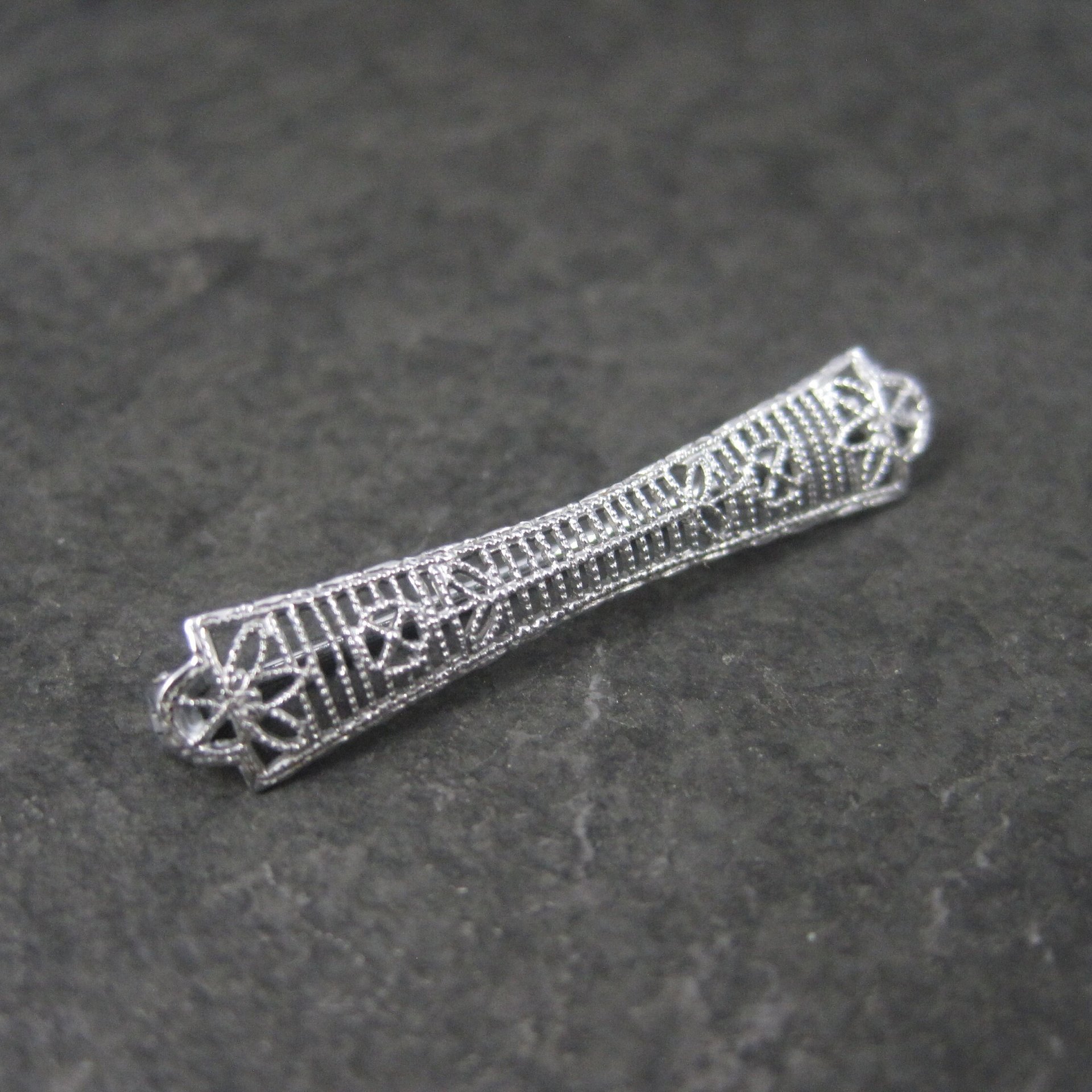 Small Antique 10K White Gold Filigree Bar Pin