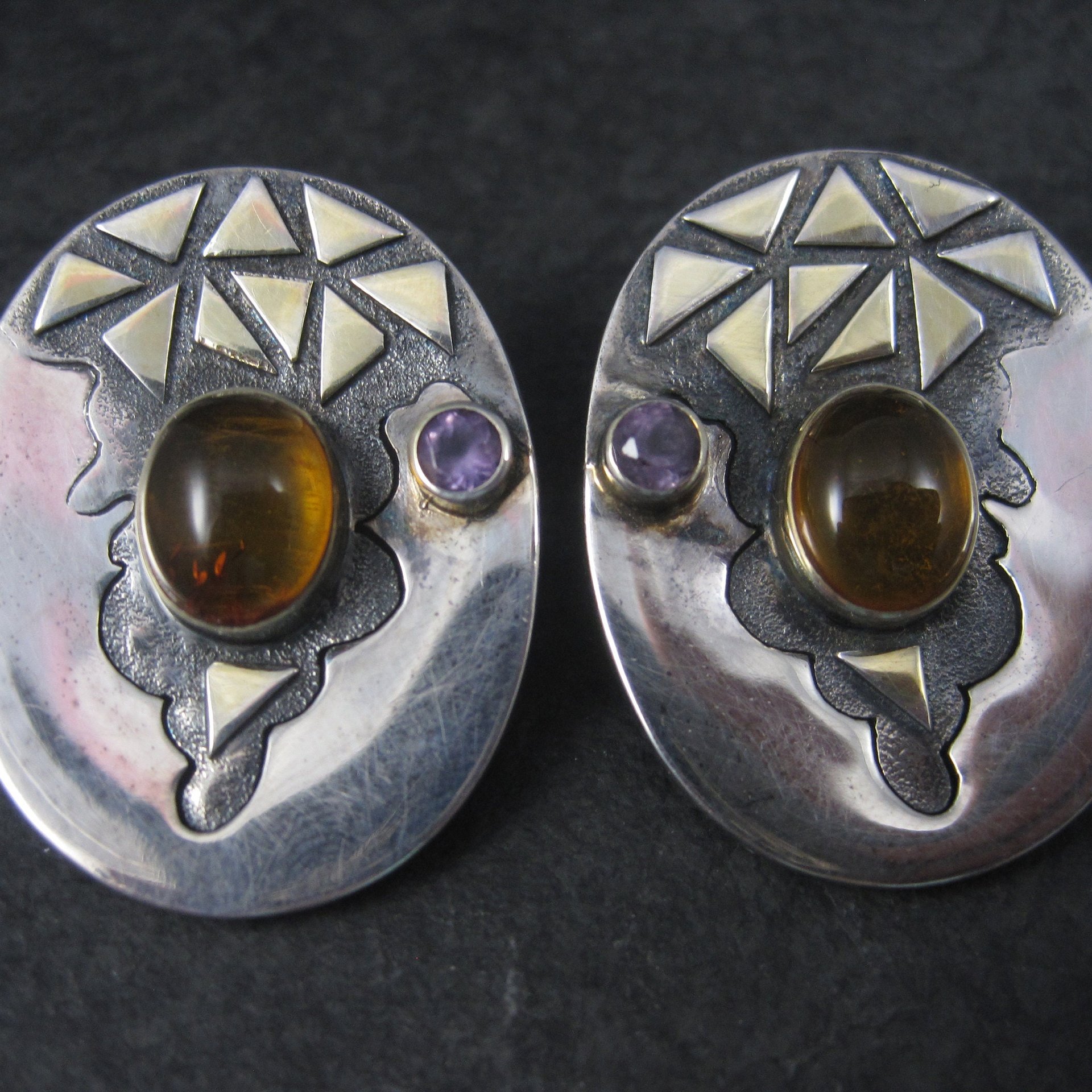 Large Vintage Sterling Amber Amethyst Earrings Michou