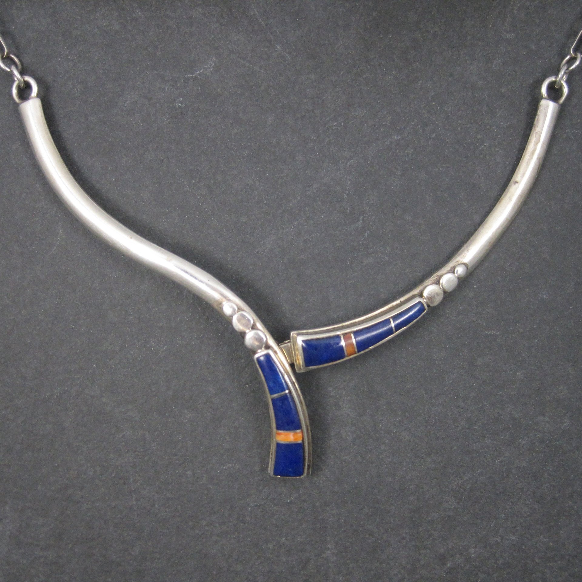 Vintage Southwestern Lapis Coral Inlay Jewelry Set Necklace Cuff Bracelet and Earrings