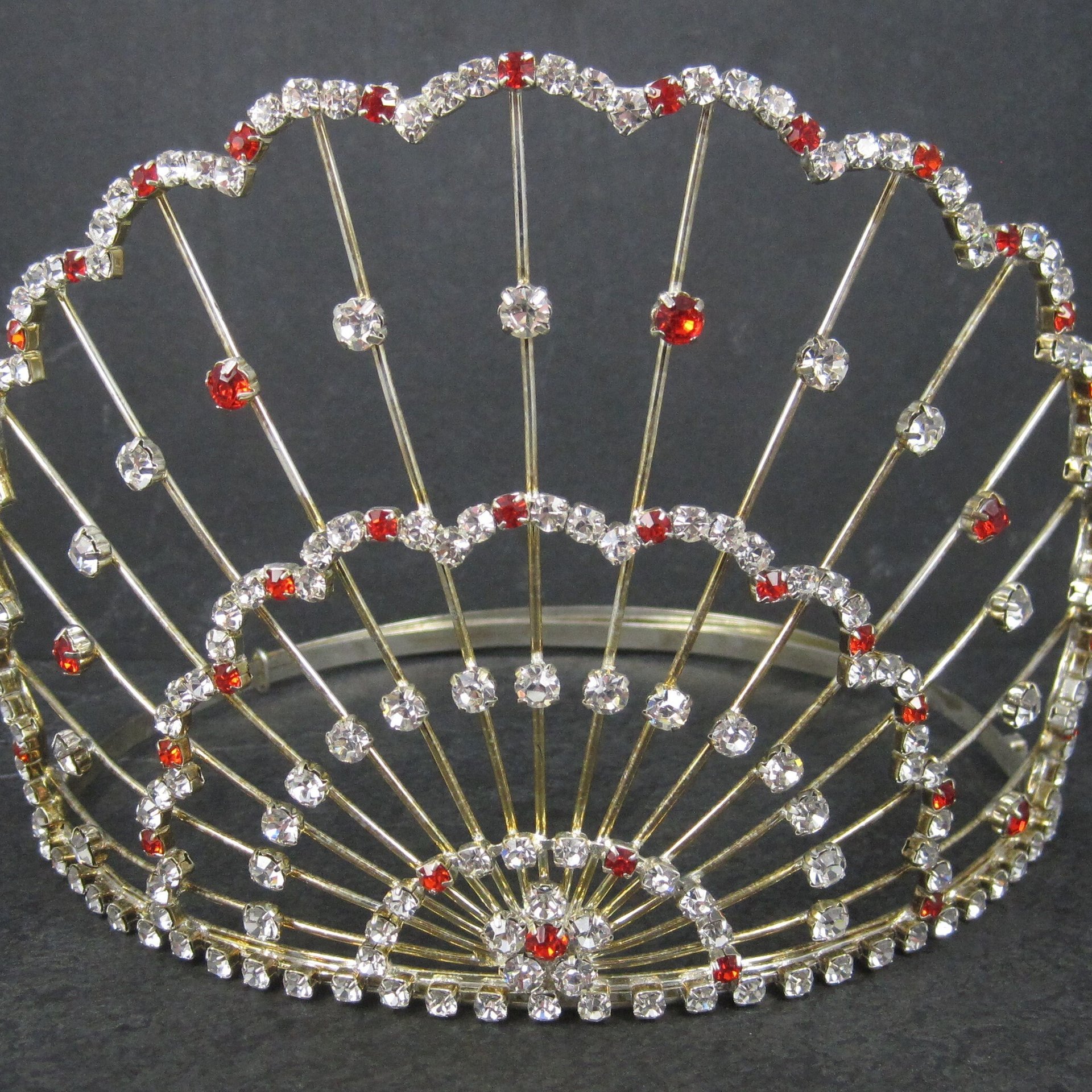 Large 5 Inch Vintage Red and White Rhinestone Crown Tiara