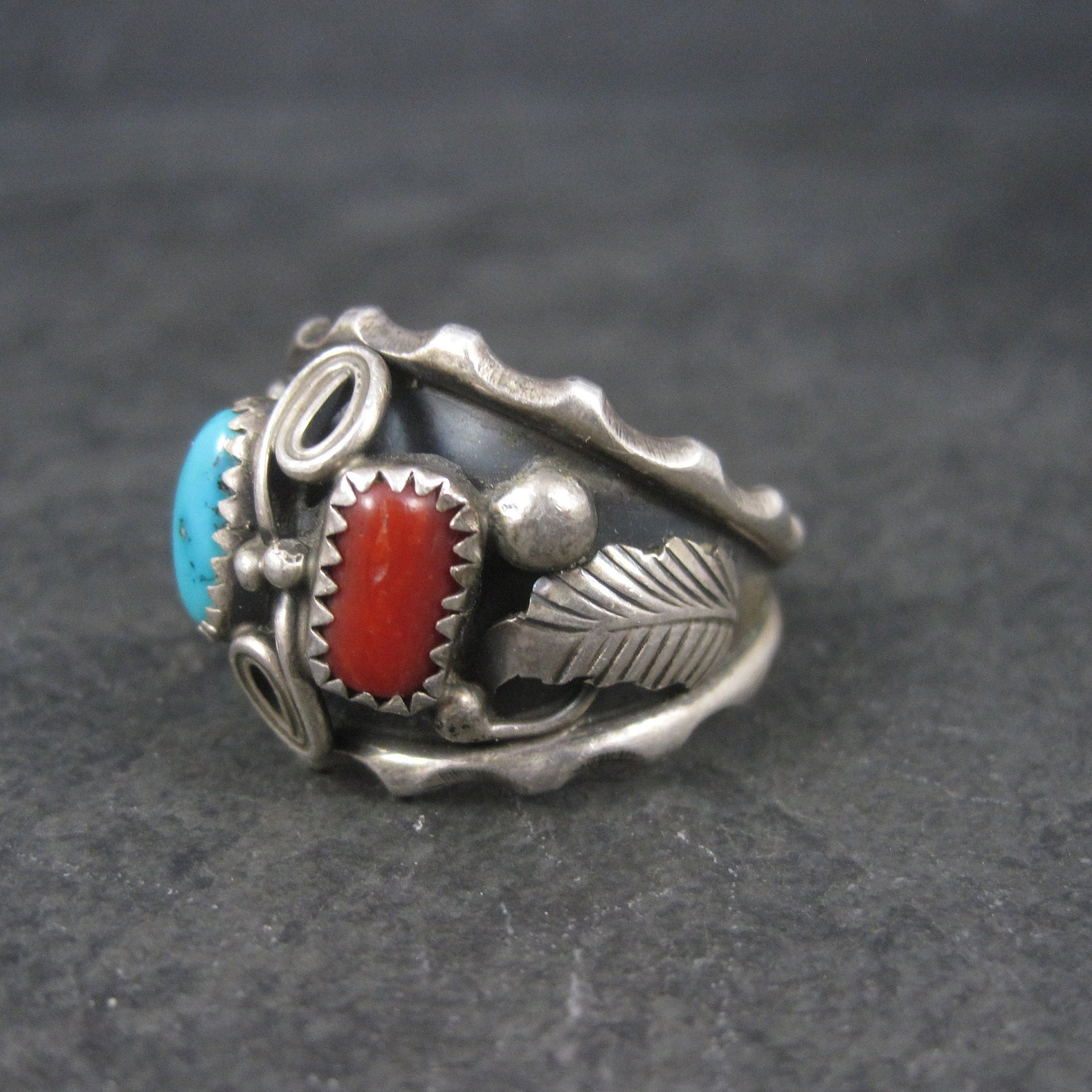 Mens Vintage Navajo Turquoise and Coral Ring Size 13