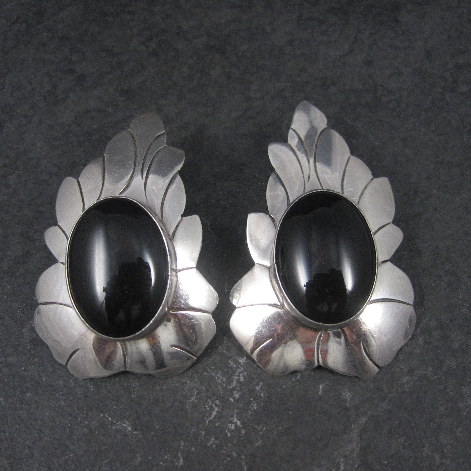 Signed Huge Vintage Southwestern Sterling Onyx Earrings