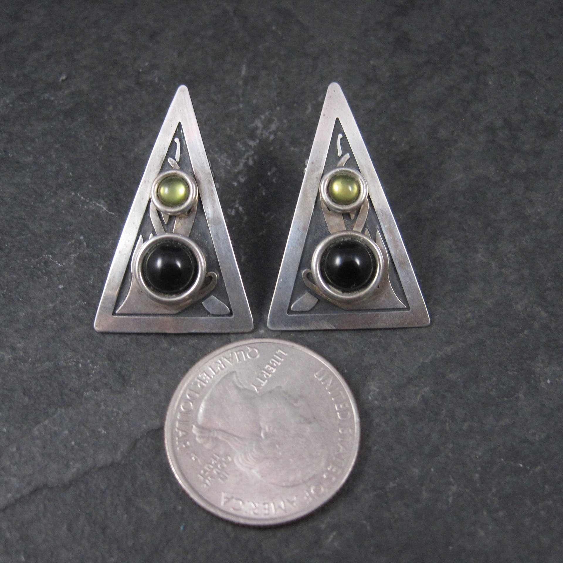 Modern Sterling Onyx Peridot Triangle Earrings