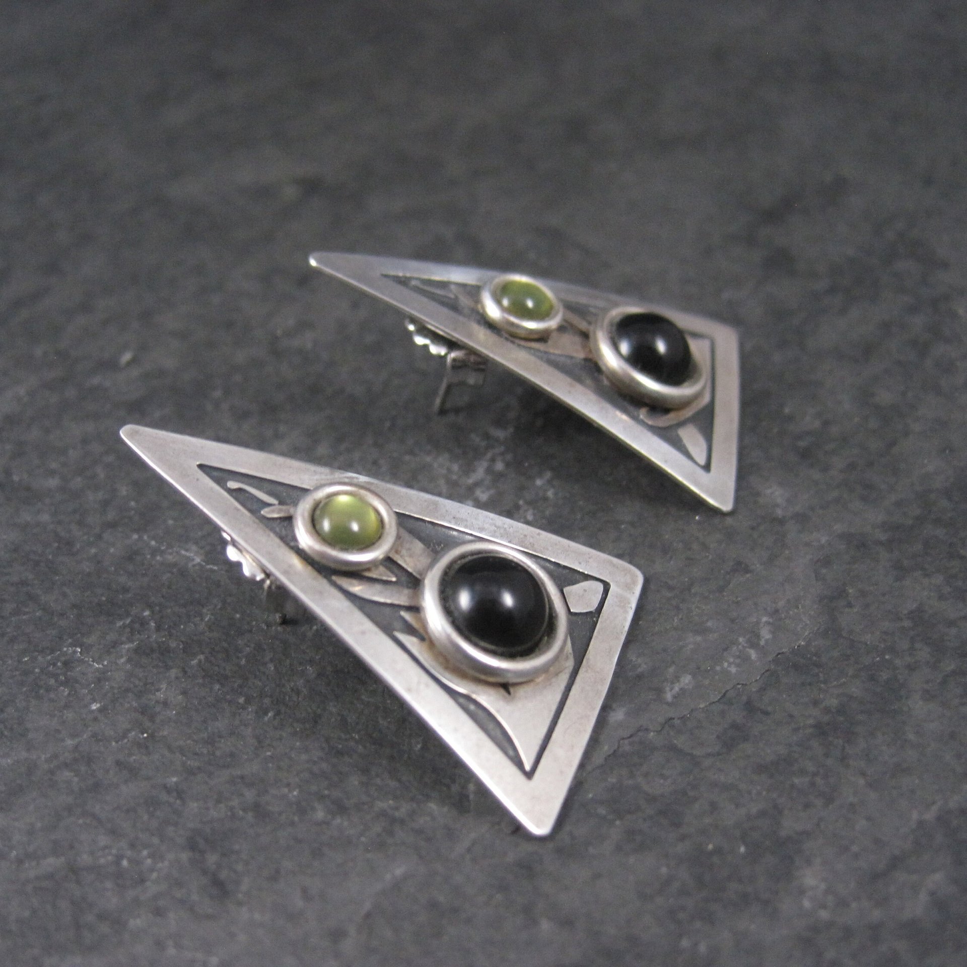 Modern Sterling Onyx Peridot Triangle Earrings