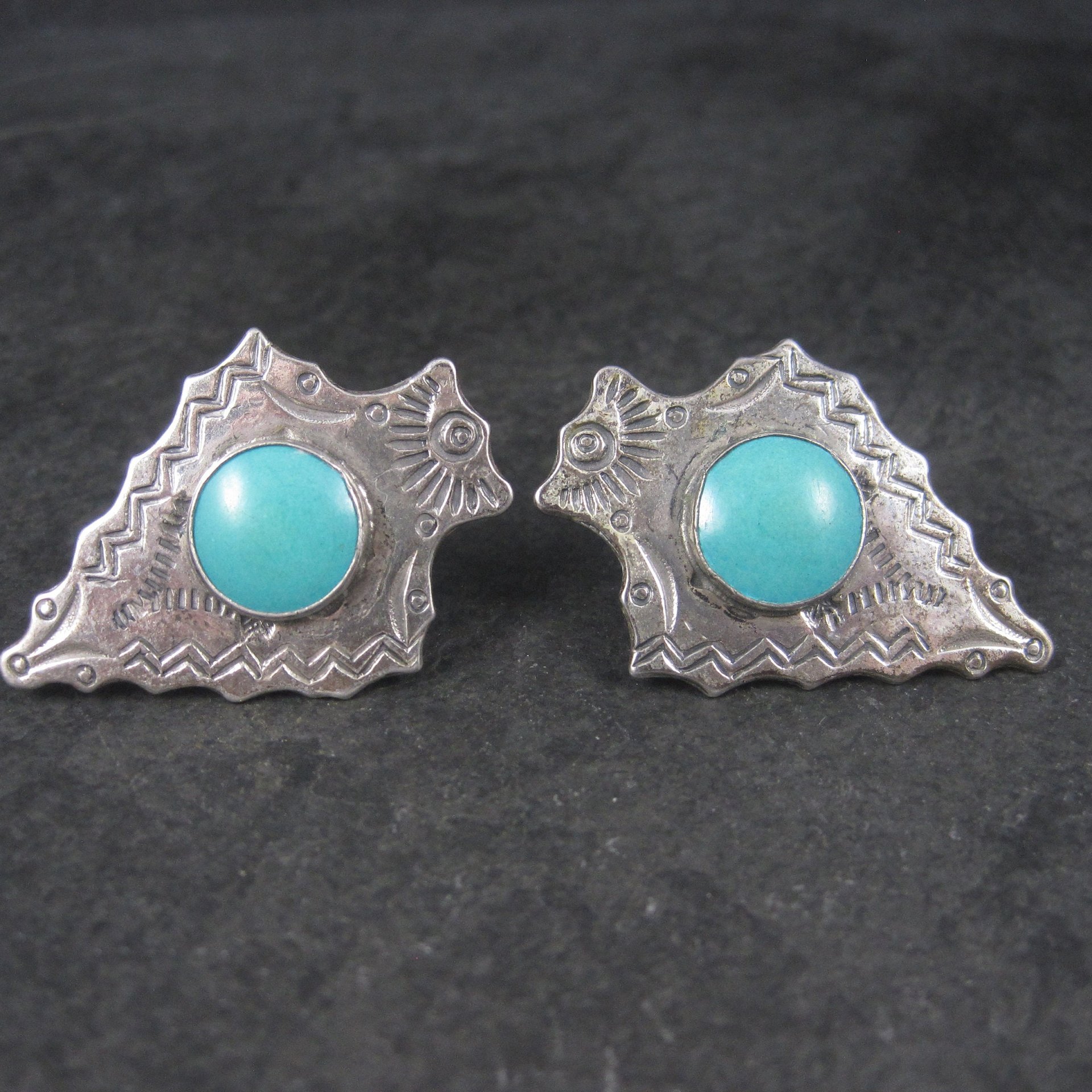 Vintage Sterling Block Turquoise Arrowhead Screw Back Earrings