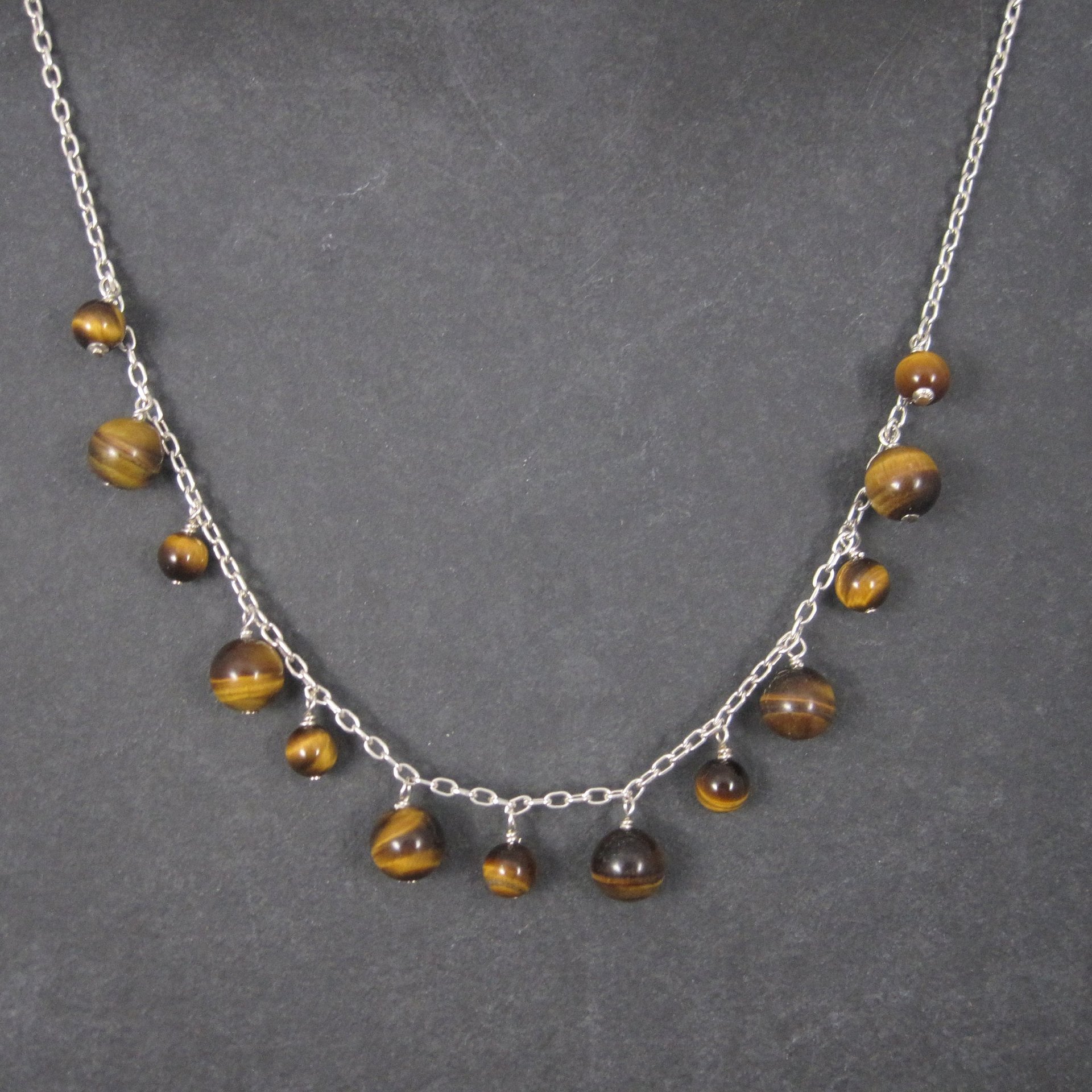 Vintage 90s Sterling Tiger Eye Dangle Necklace 16 Inches