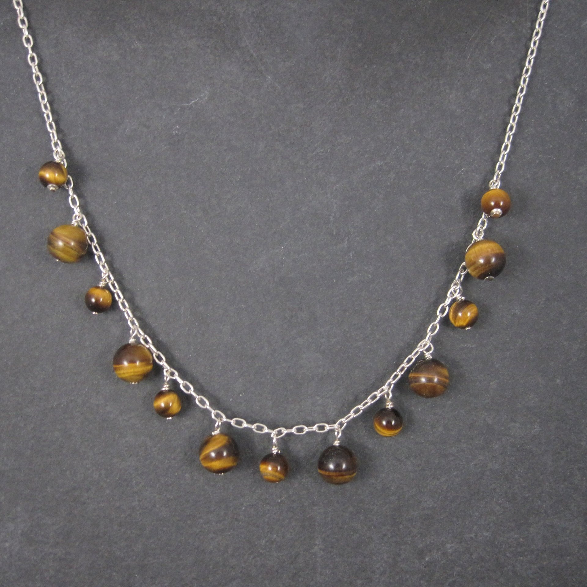 Vintage 90s Sterling Tiger Eye Dangle Necklace 16 Inches