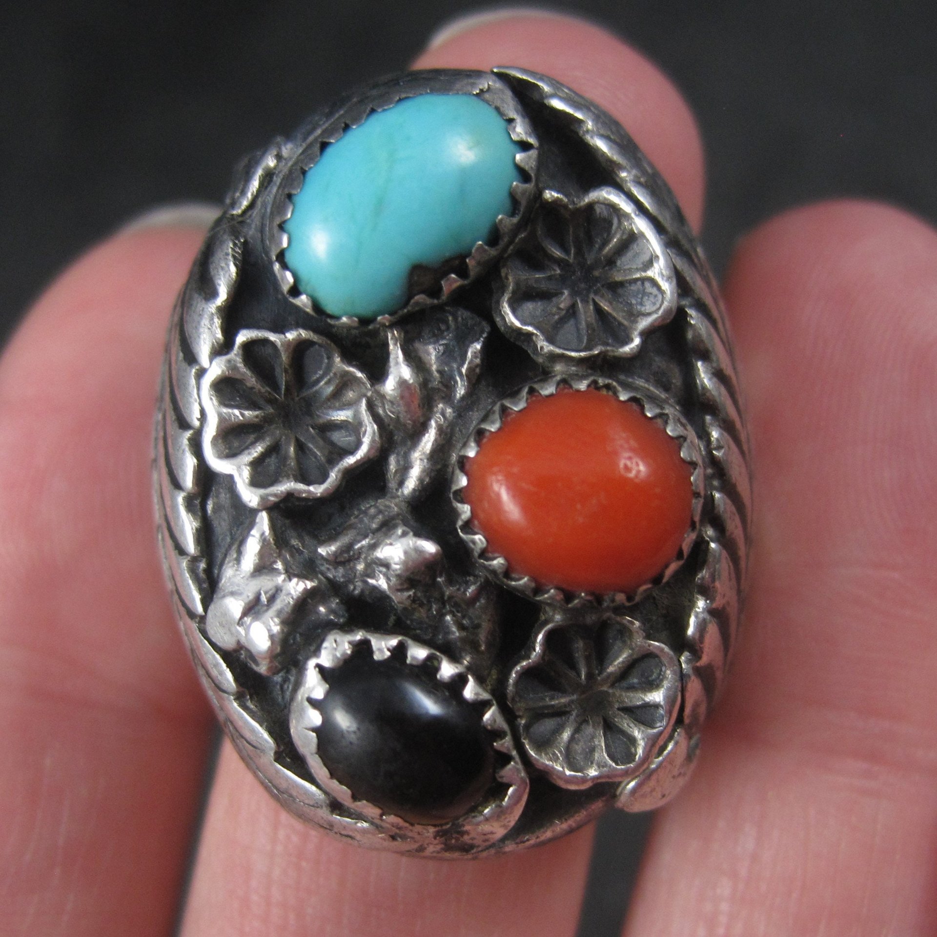 Heavy Vintage Navajo Coral Turquoise Tigers Eye Ring Size 9 Frances Jones