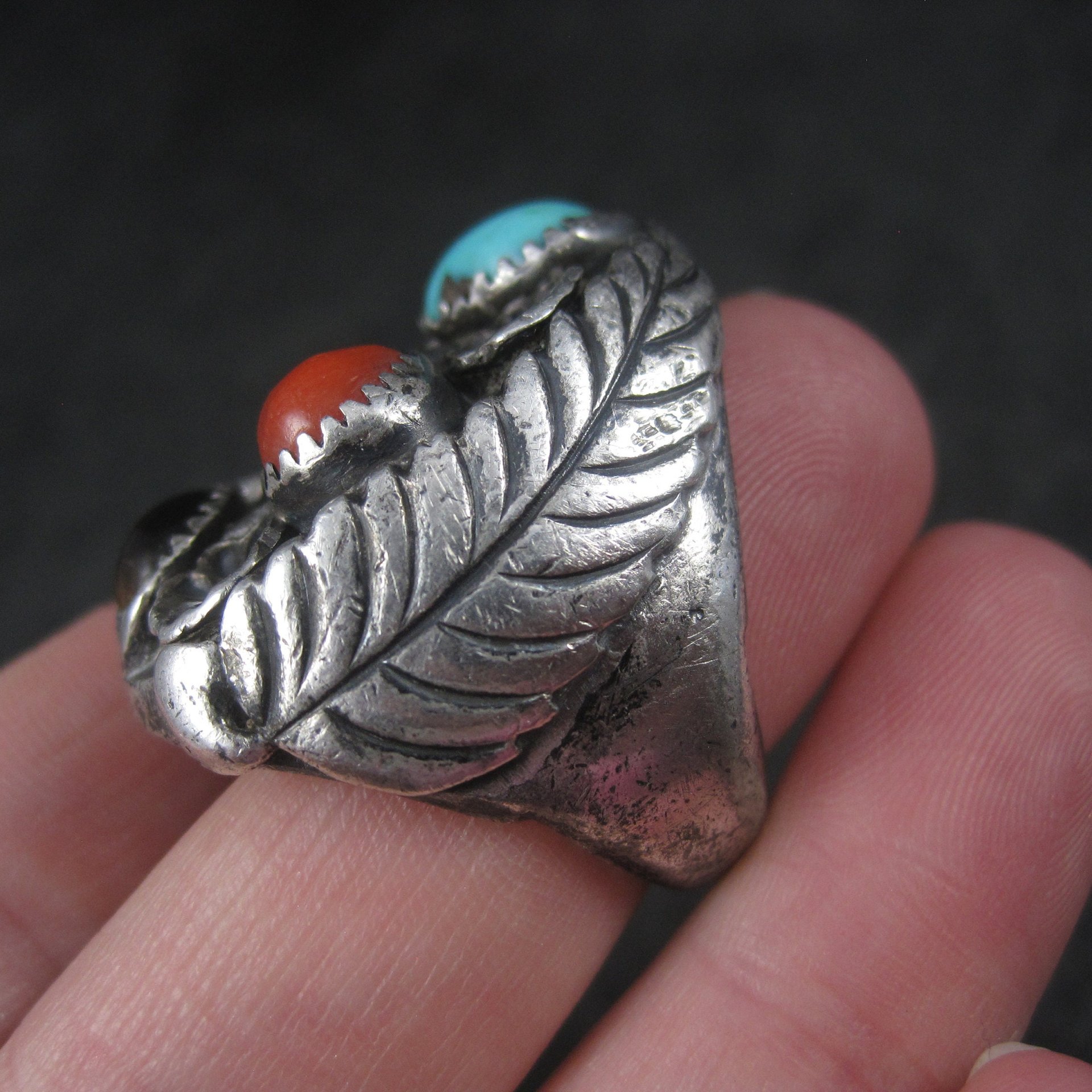 Heavy Vintage Navajo Coral Turquoise Tigers Eye Ring Size 9 Frances Jones