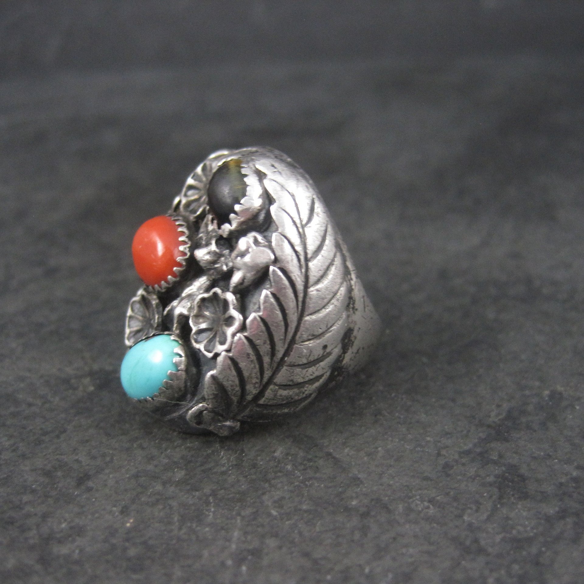 Heavy Vintage Navajo Coral Turquoise Tigers Eye Ring Size 9 Frances Jones