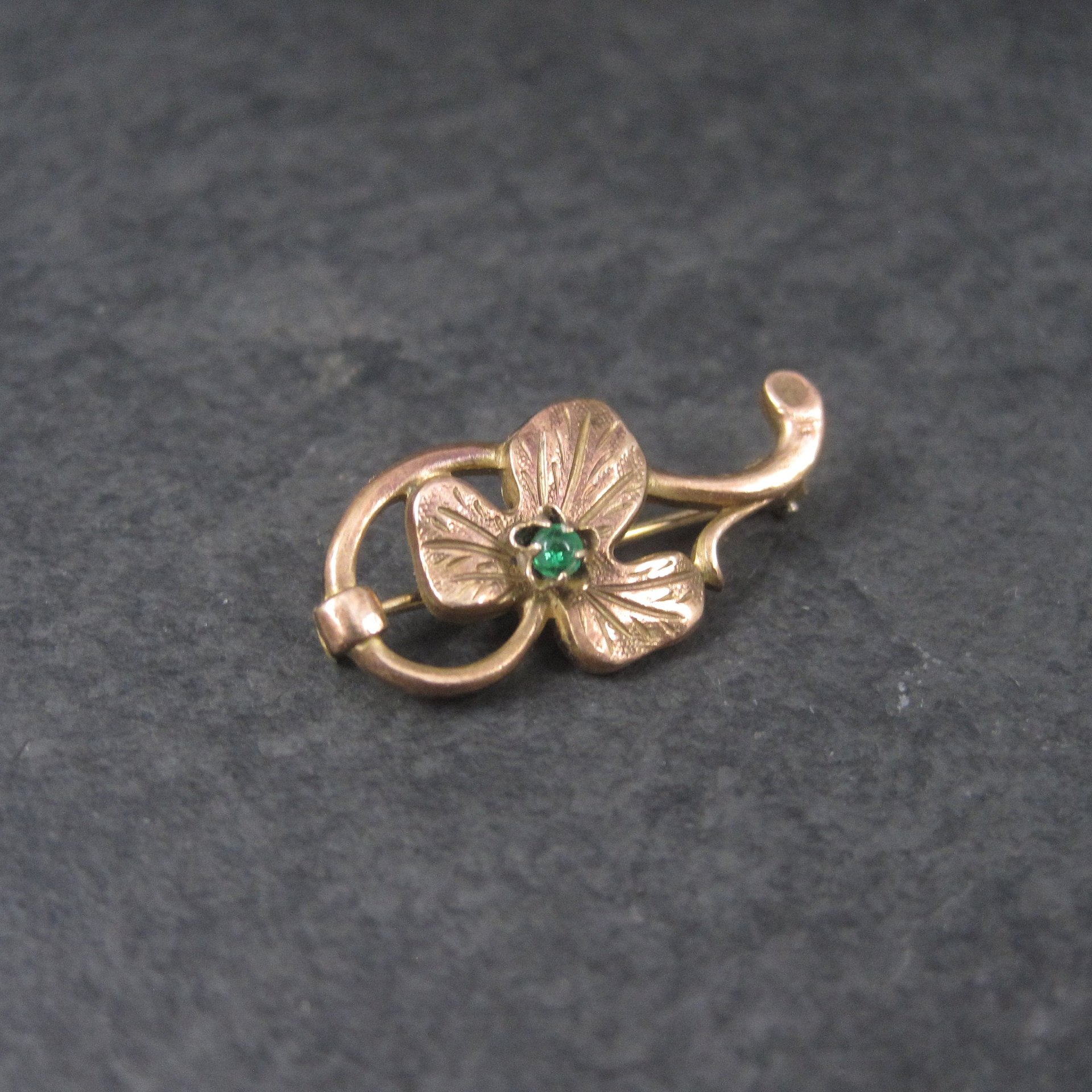 Estate Rose Gold Filled Green Rhinestone Leaf Brooch