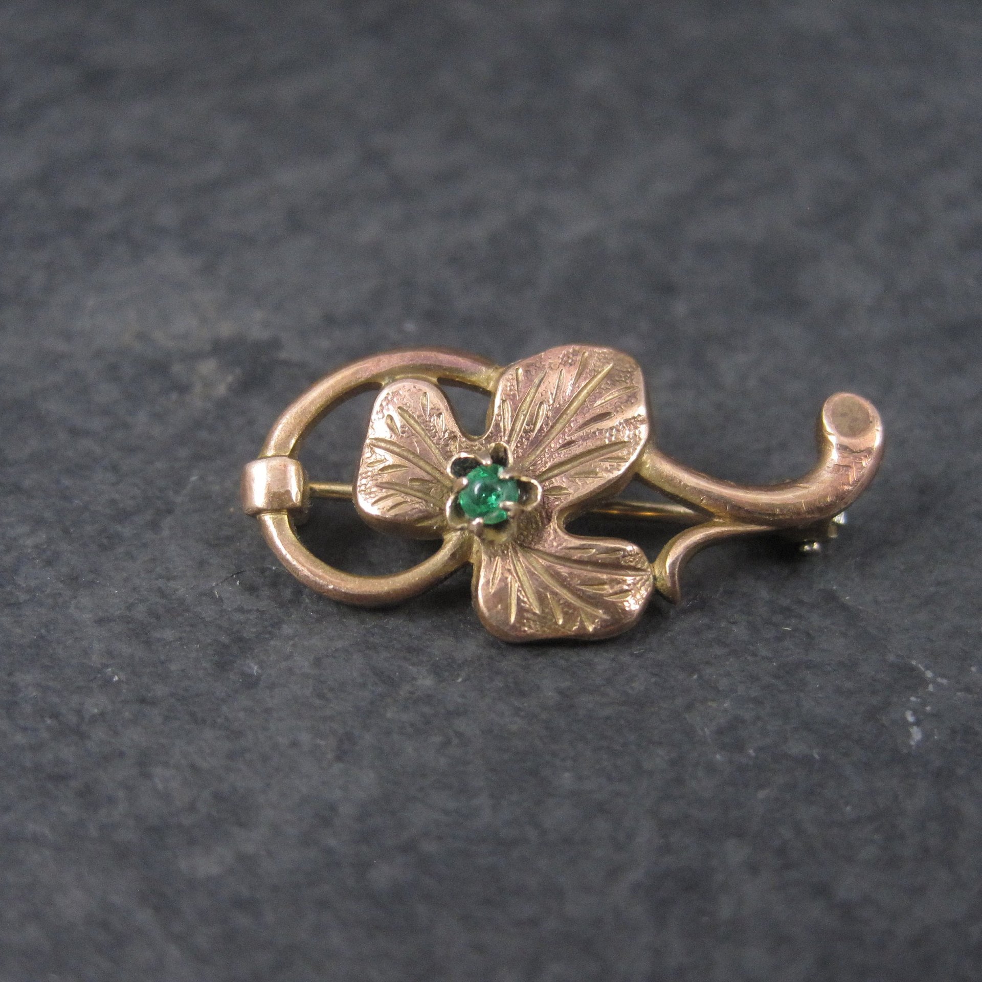 Estate Rose Gold Filled Green Rhinestone Leaf Brooch