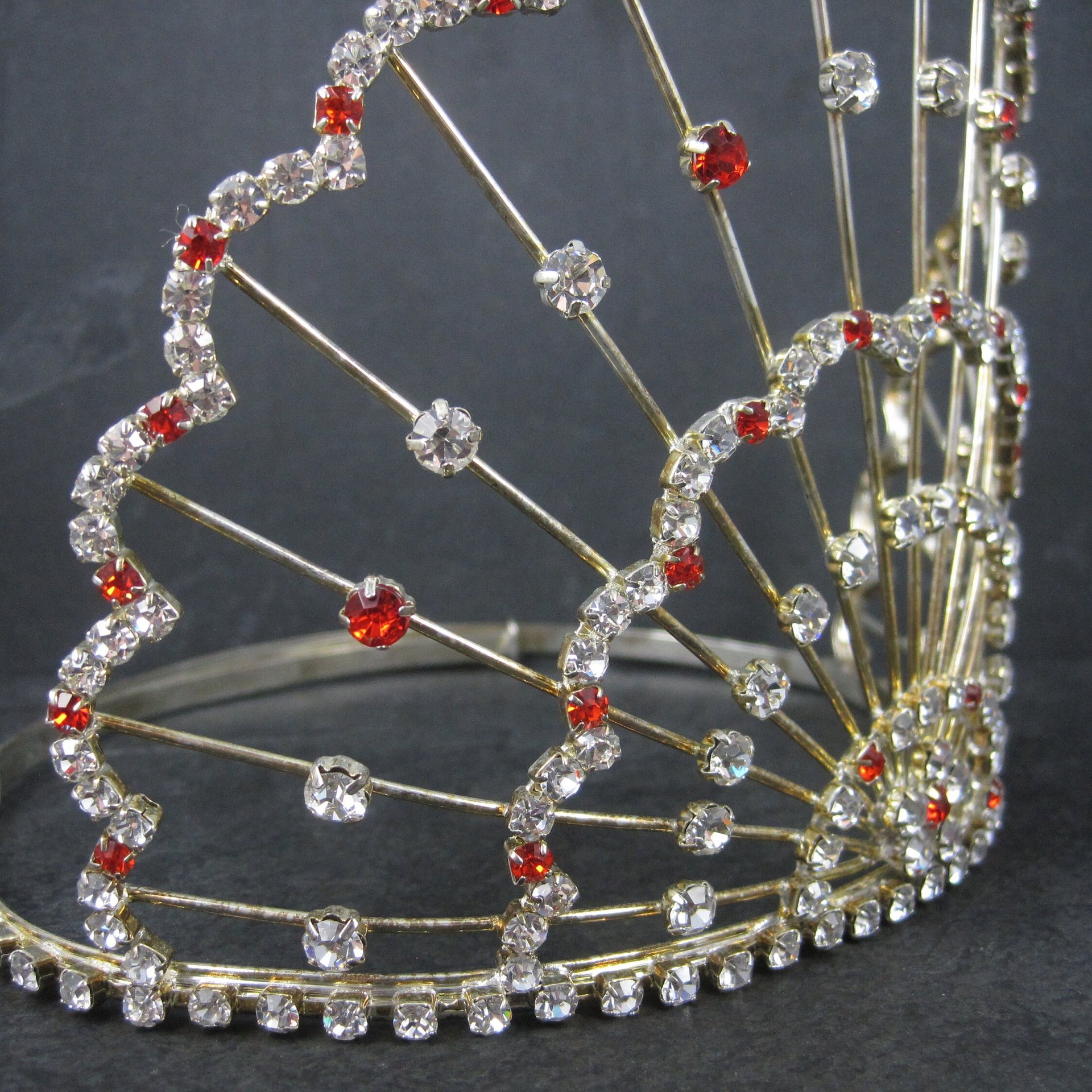 Large 5 Inch Vintage Red and White Rhinestone Crown Tiara