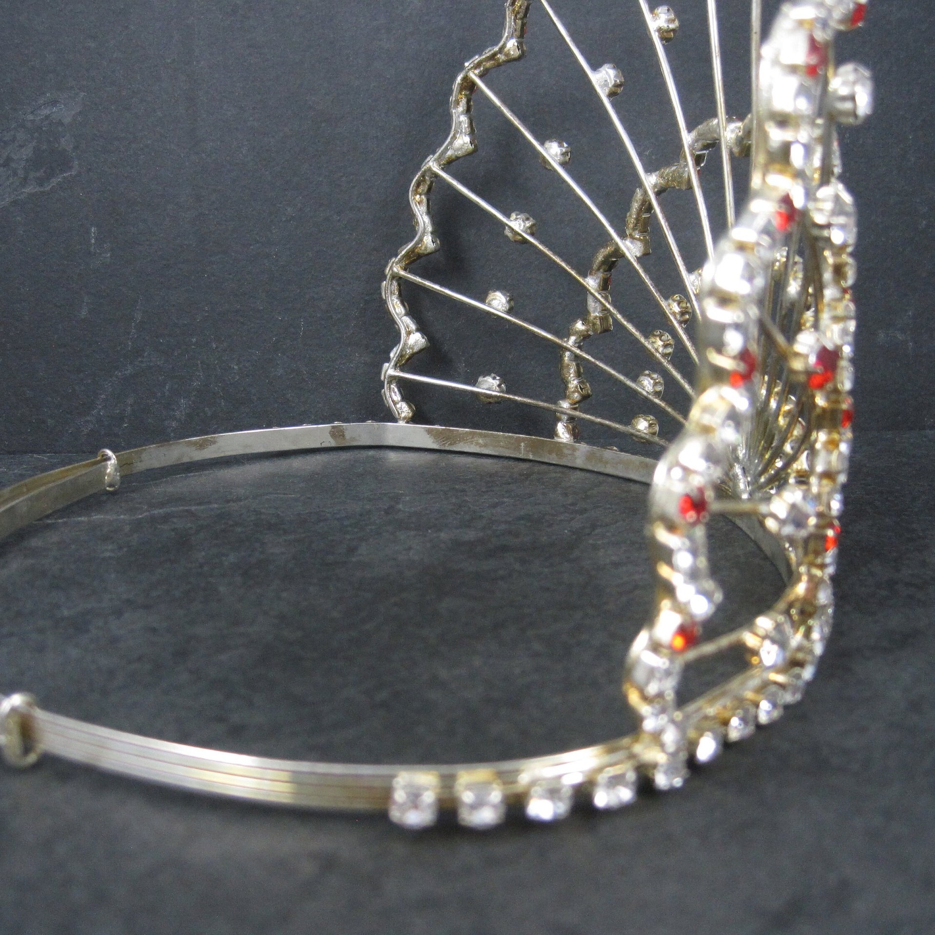 Large 5 Inch Vintage Red and White Rhinestone Crown Tiara