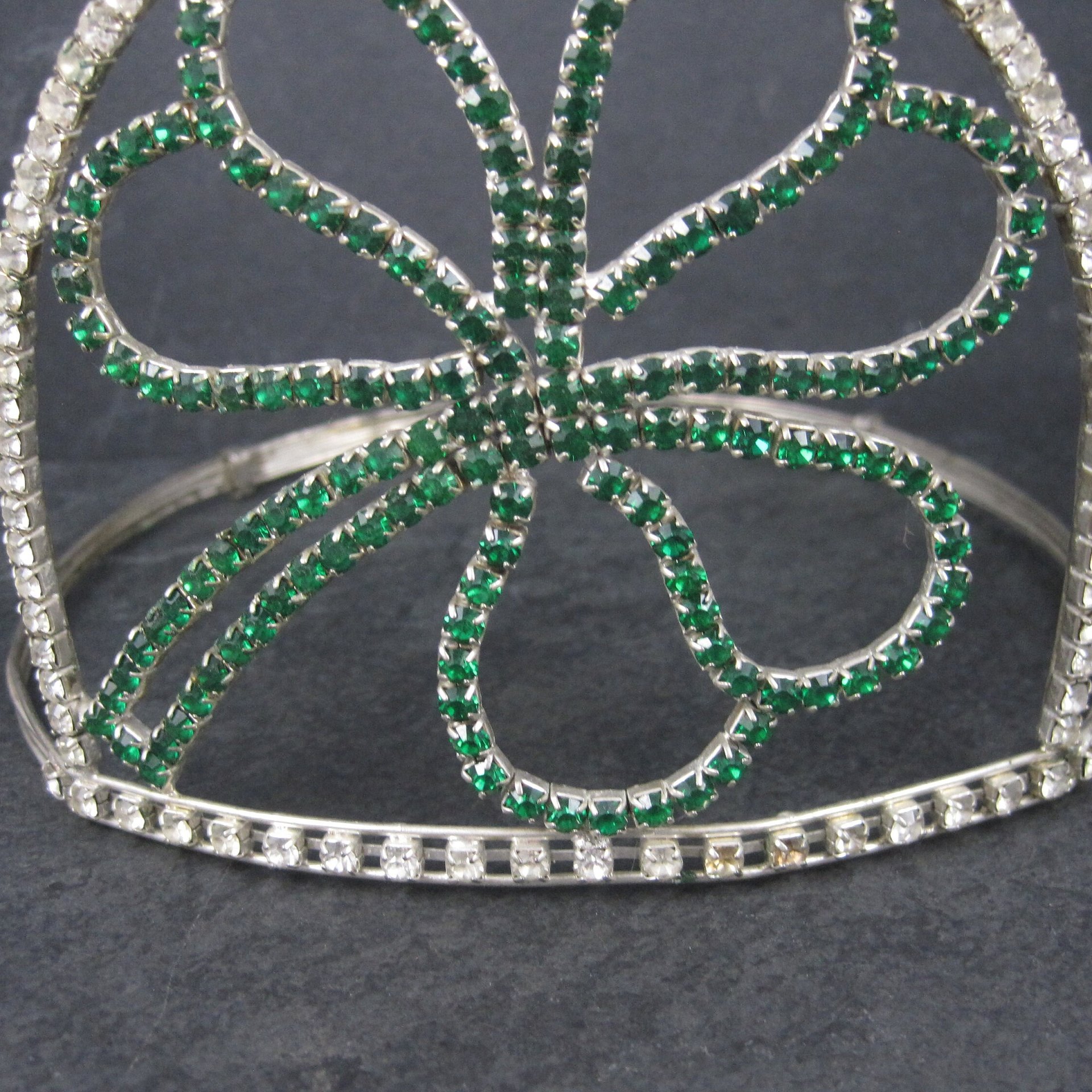 Large 5 Inch Vintage Clover Rhinestone Crown Tiara