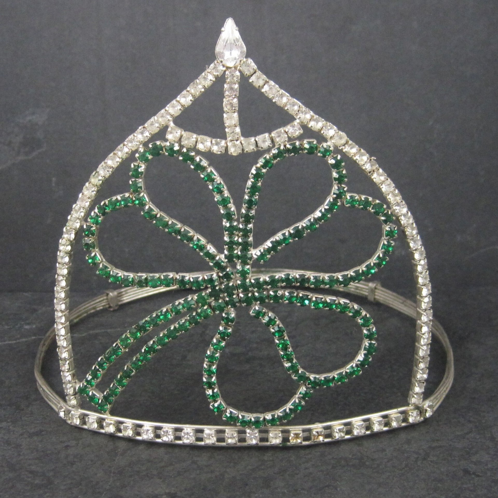 Large 5 Inch Vintage Clover Rhinestone Crown Tiara